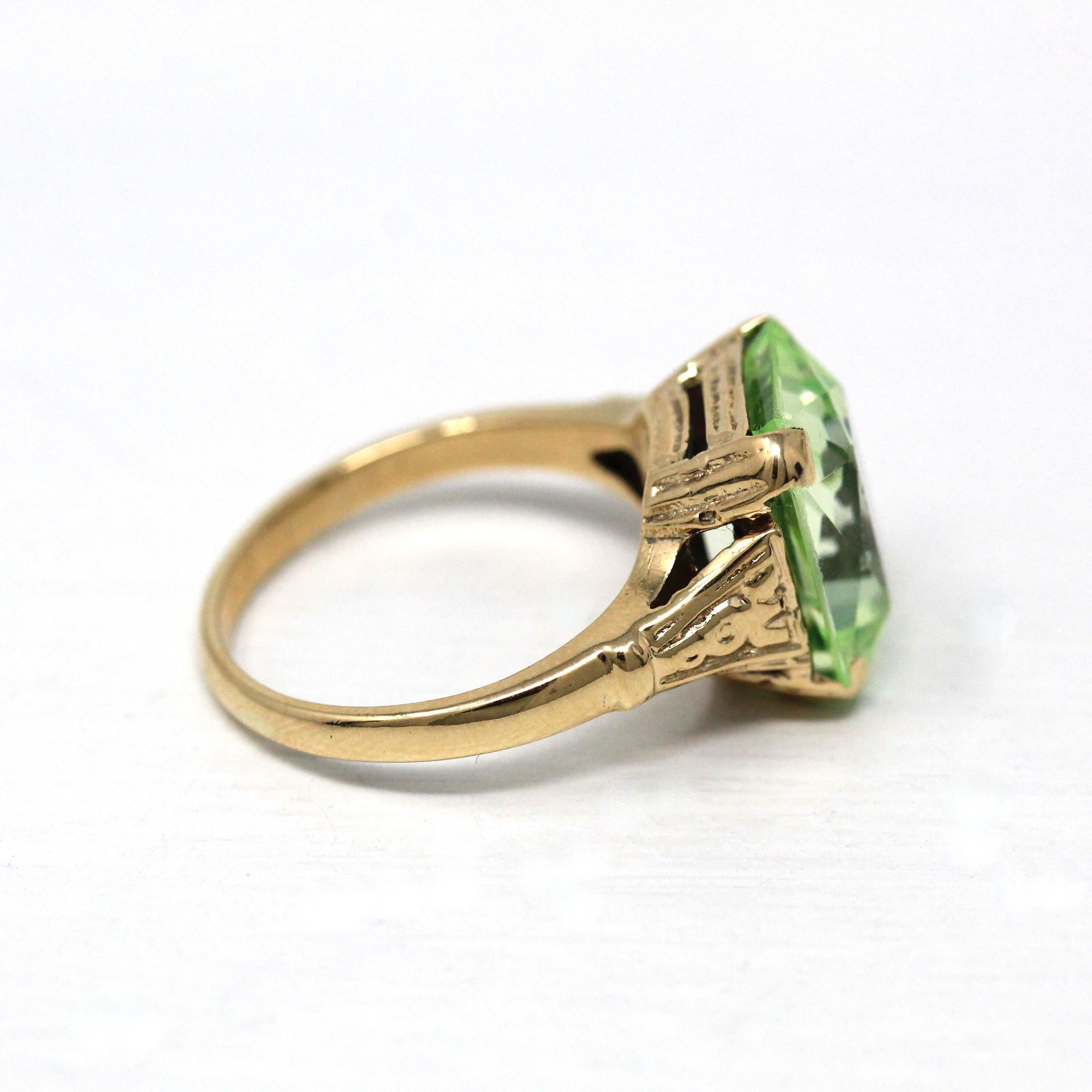 Created Spinel Ring - Retro 10k Yellow Gold Green Rectangular Scissor Cut 6.04 Carat Statement - Vintage 1940s Era Size 5 1/2 Fine Jewelry