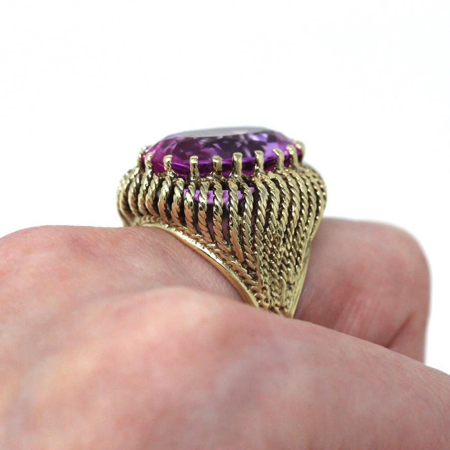 Created Pink Sapphire Ring - Retro 10k Yellow Gold Faceted 15.50 CT Stone - Vintage Circa 1970s Size 7 Woven Cocktail Statement Fine Jewelry