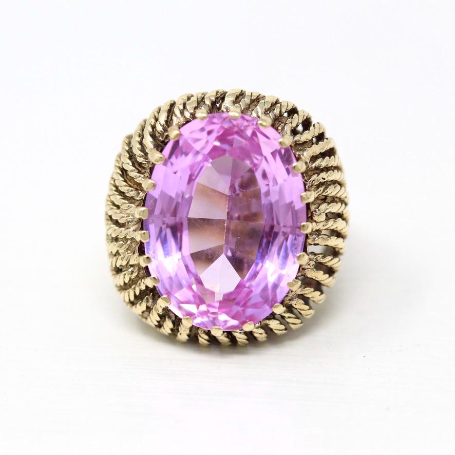 Created Pink Sapphire Ring - Retro 10k Yellow Gold Faceted 15.50 CT Stone - Vintage Circa 1970s Size 7 Woven Cocktail Statement Fine Jewelry