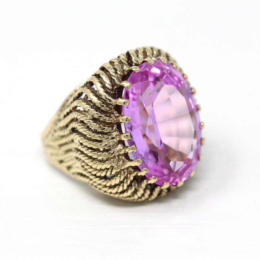 Created Pink Sapphire Ring - Retro 10k Yellow Gold Faceted 15.50 CT Stone - Vintage Circa 1970s Size 7 Woven Cocktail Statement Fine Jewelry