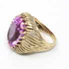 Created Pink Sapphire Ring - Retro 10k Yellow Gold Faceted 15.50 CT Stone - Vintage Circa 1970s Size 7 Woven Cocktail Statement Fine Jewelry