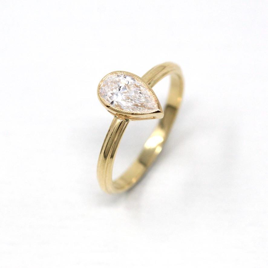 Pear Diamond Ring - 14k Yellow Gold Bezel Set .81 CT Teardrop Cut Gem - Vintage Estate Fine Solitaire Size 7 Fine GIA Report Jewelry