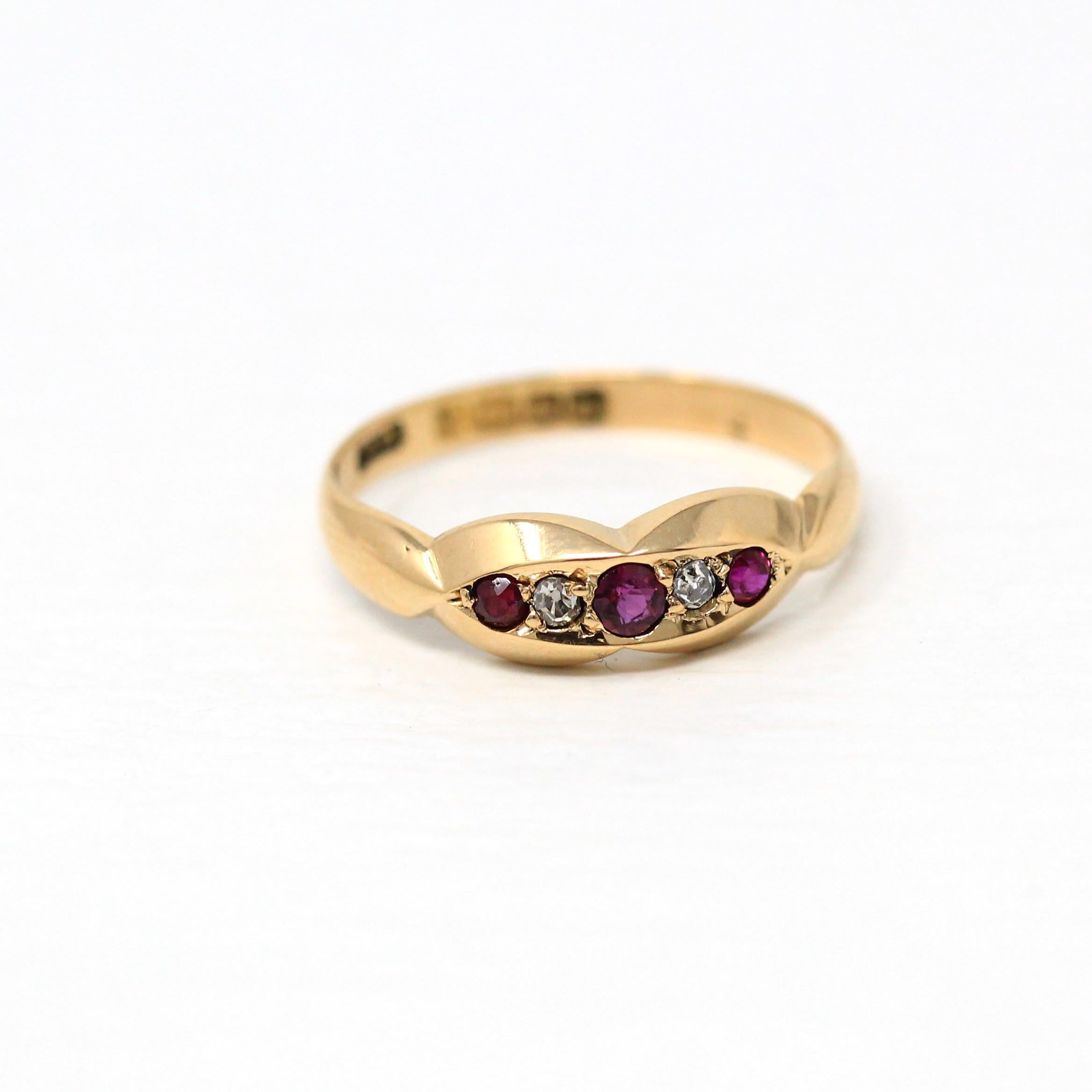 Ruby & Diamond Band - Victorian 18k Rose Gold Genuine Gemstones Ring - Hallmarked 1895 Birmingham England Size 7 1/2 Statement Fine Jewelry