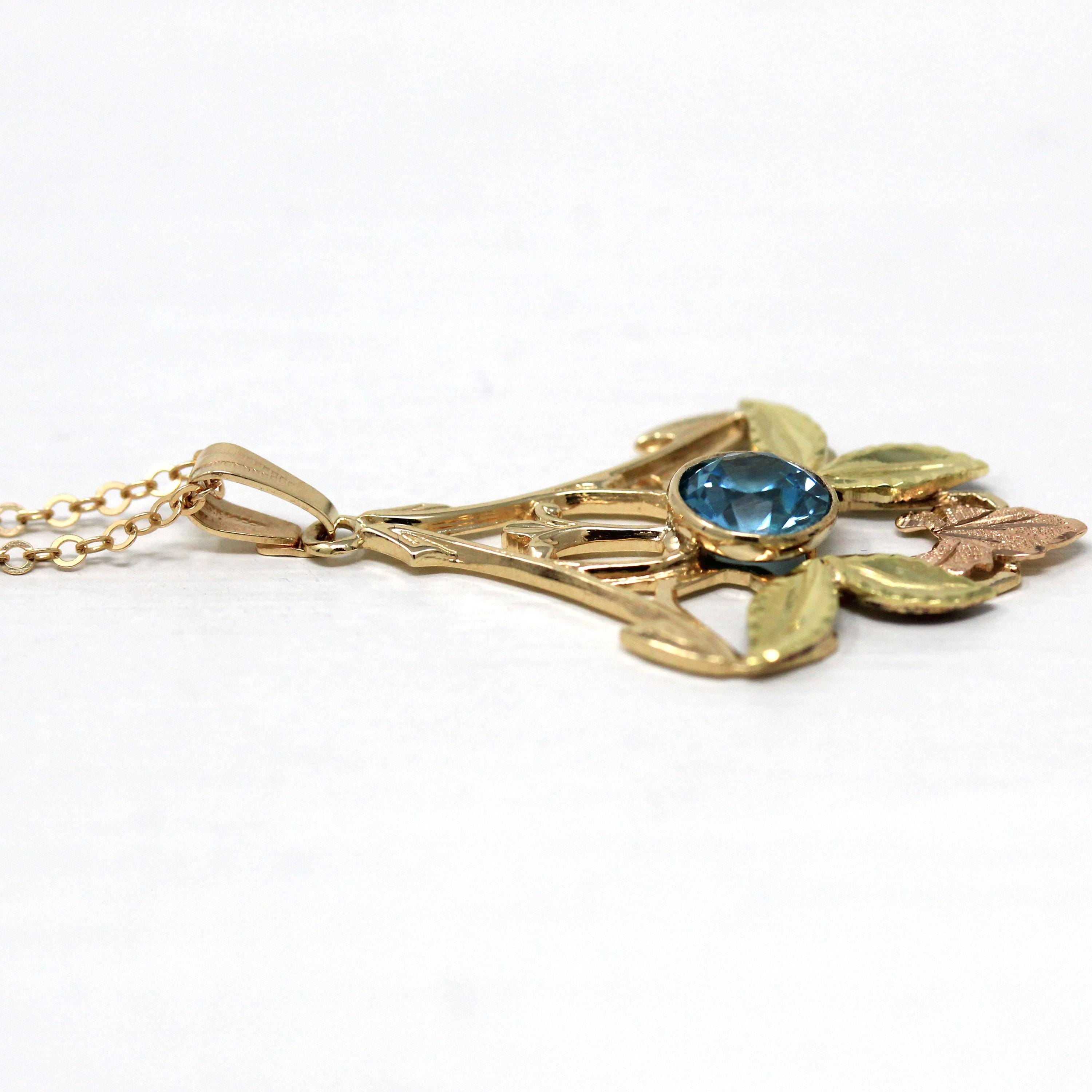 Vintage Zircon Necklace - Retro 10k Yellow Gold Two Tone Floral Gemstone Pendant - 1940s Genuine .94 CT Blue December Birthstone Jewelry