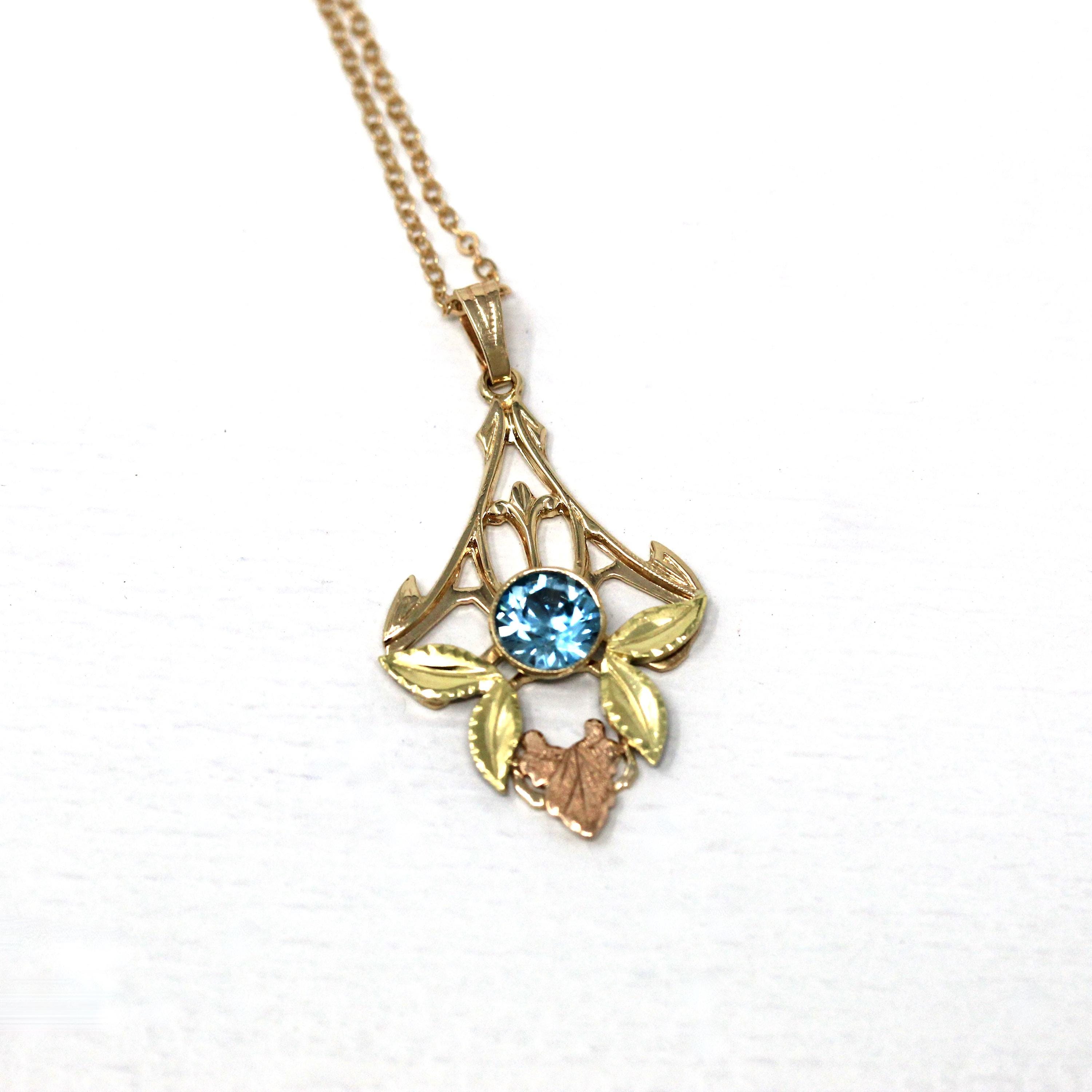 Vintage Zircon Necklace - Retro 10k Yellow Gold Two Tone Floral Gemstone Pendant - 1940s Genuine .94 CT Blue December Birthstone Jewelry