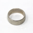 Vintage Cigar Band - Retro 14k White Gold Textured Etched Designs Ring - Circa 1960s Era Size 9 Statement Stacking Style 60s Fine Jewelry