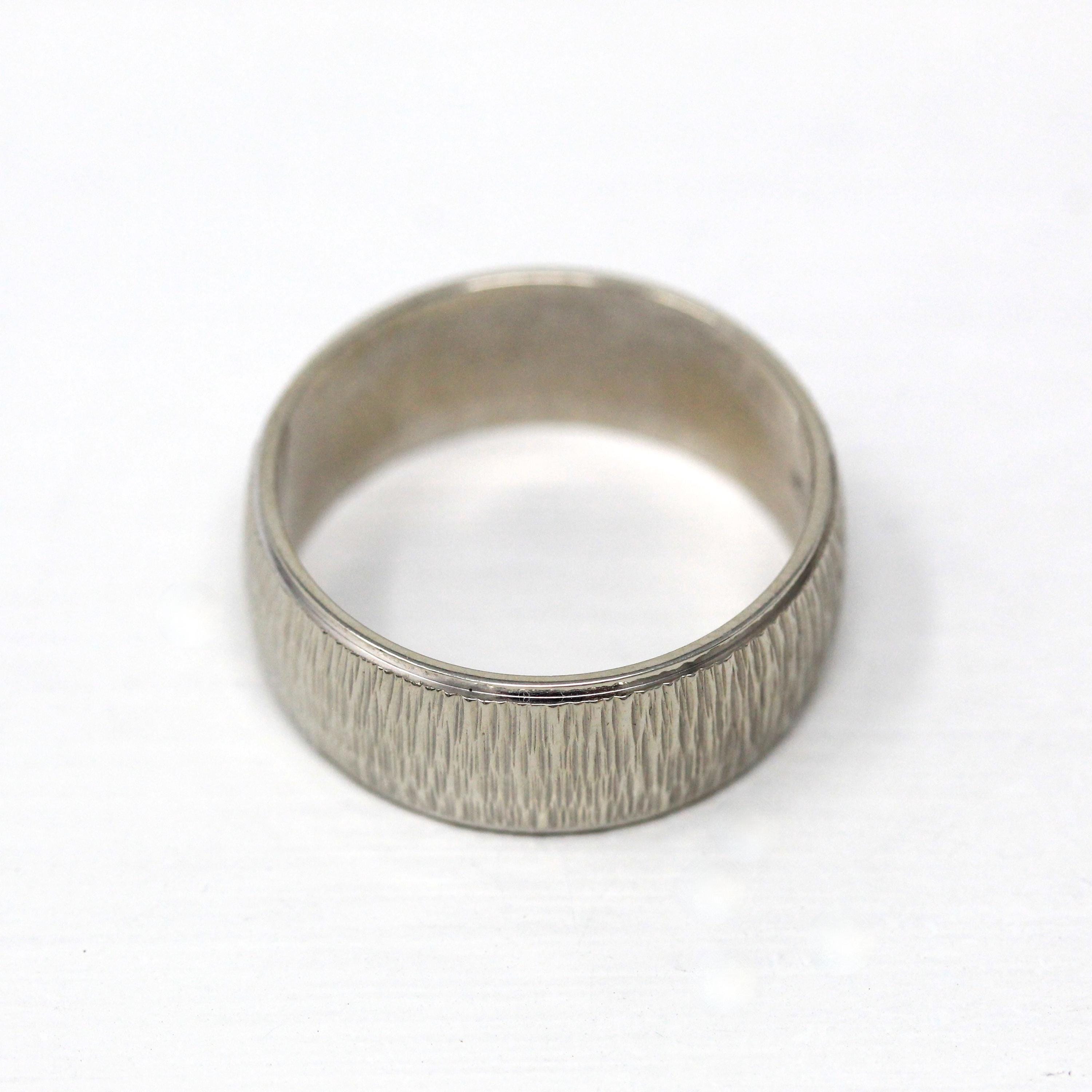 Vintage Cigar Band - Retro 14k White Gold Textured Etched Designs Ring - Circa 1960s Era Size 9 Statement Stacking Style 60s Fine Jewelry