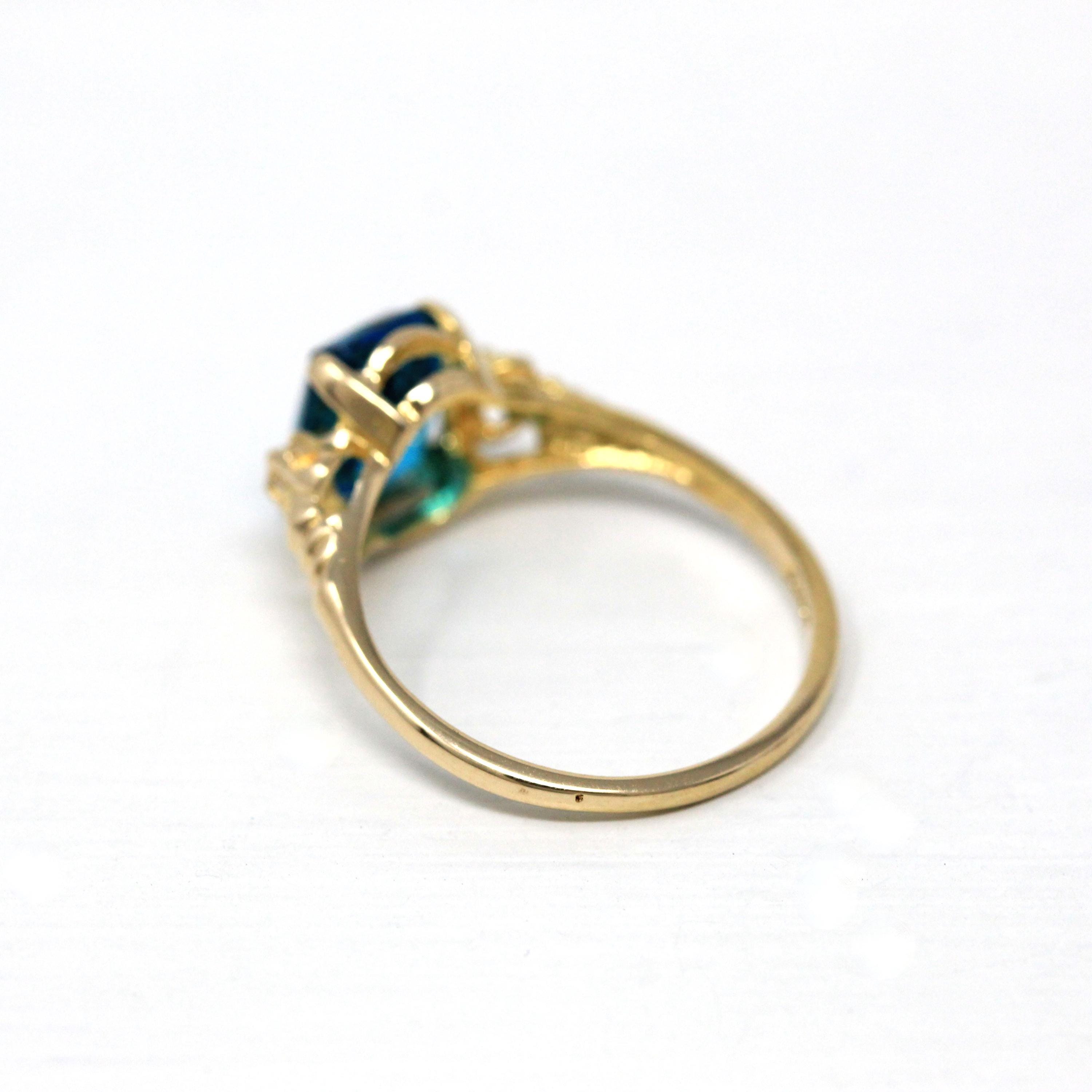 Multi-Stone Ring - Retro 10k Yellow Gold Emerald Cut Blue Green Stone - Vintage Circa 1960s Era Size 5 3/4 Fine New Old Stock BDA Jewelry