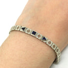 Art Deco Bracelet - Vintage 14k White Gold Created Sapphires - Circa 1930s Era Flexible Line Tennis Fashion Accessory Fine 7 Inch Jewelry