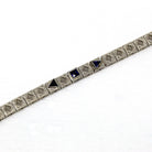 Art Deco Bracelet - Vintage 14k White Gold Created Sapphires - Circa 1930s Era Flexible Line Tennis Fashion Accessory Fine 7 Inch Jewelry