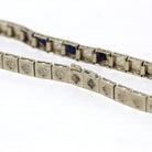 Art Deco Bracelet - Vintage 14k White Gold Created Sapphires - Circa 1930s Era Flexible Line Tennis Fashion Accessory Fine 7 Inch Jewelry