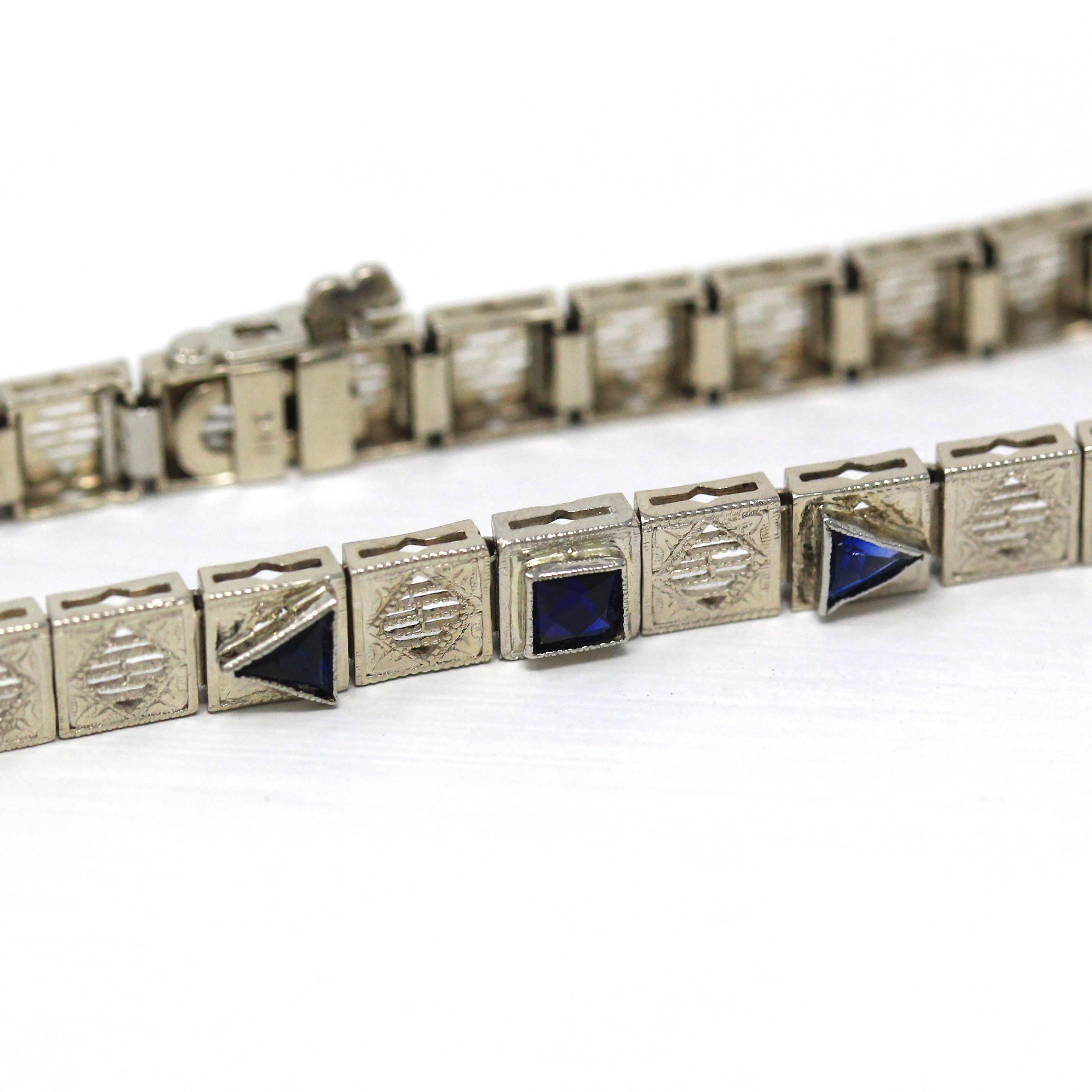 Art Deco Bracelet - Vintage 14k White Gold Created Sapphires - Circa 1930s Era Flexible Line Tennis Fashion Accessory Fine 7 Inch Jewelry