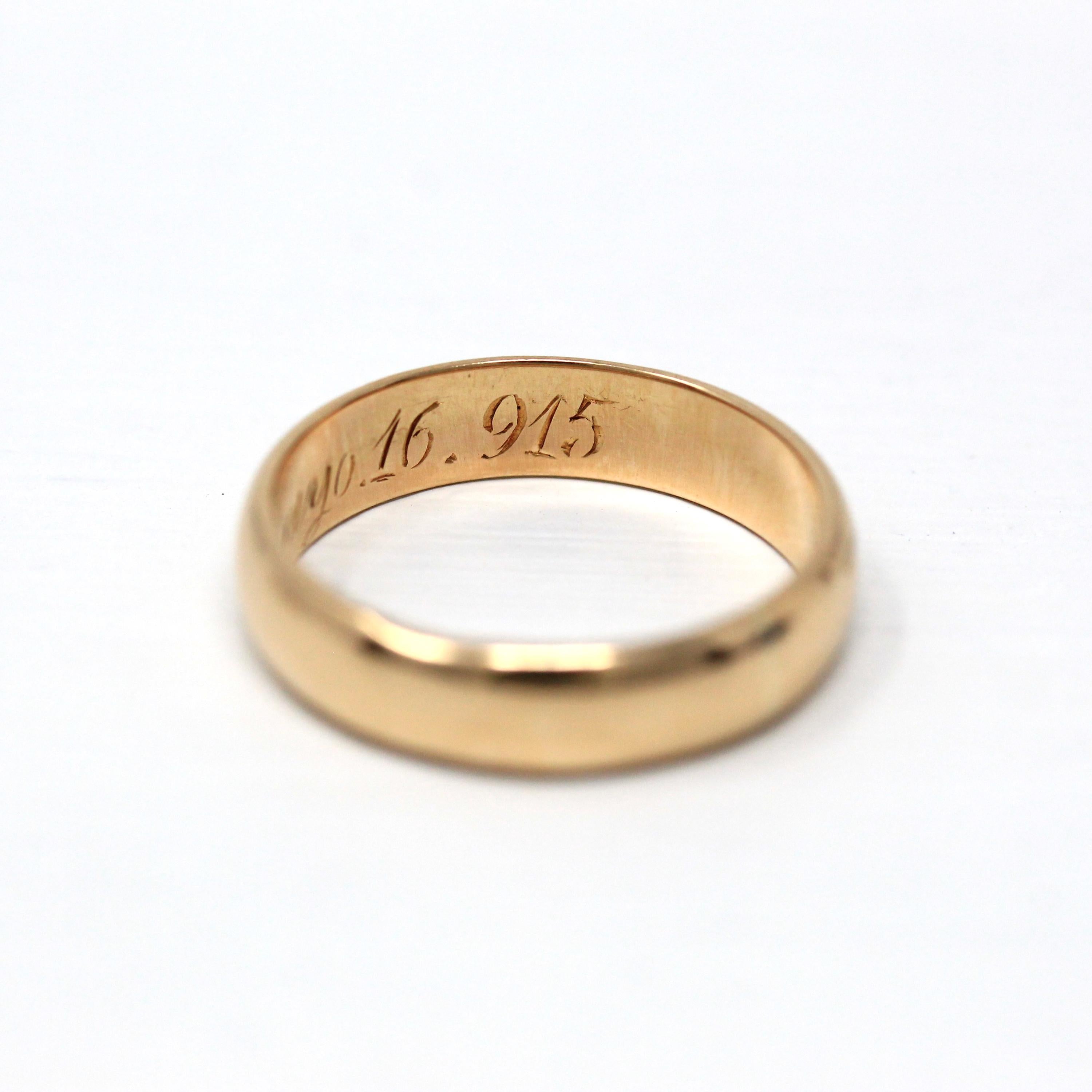 Dated 1915 Band - Edwardian 18k Yellow Gold Engraved "Ly to Mouyo 16.9.15" Ring - Antique Size 5 3/4 Unisex Style Wedding Fine Jewelry