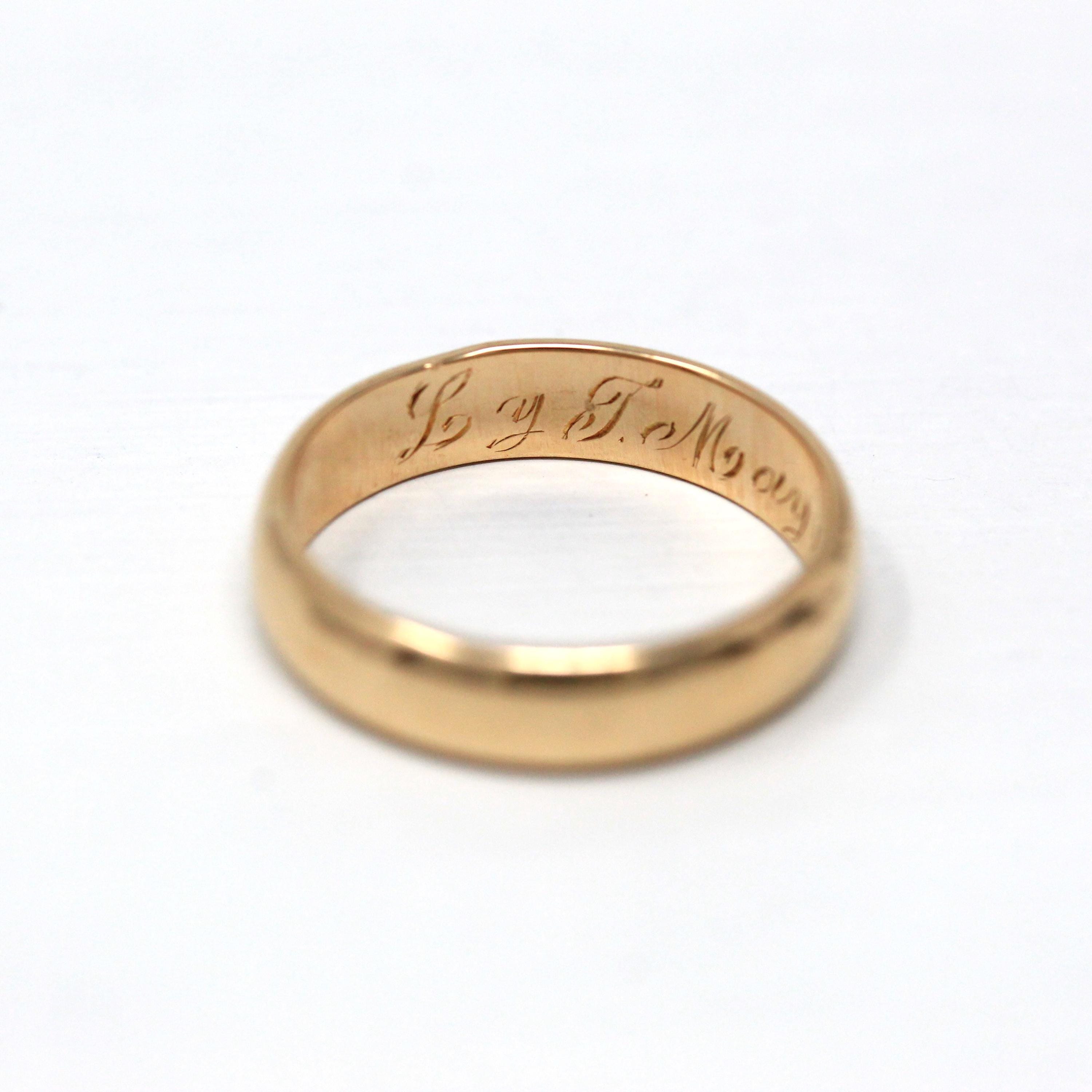 Dated 1915 Band - Edwardian 18k Yellow Gold Engraved "Ly to Mouyo 16.9.15" Ring - Antique Size 5 3/4 Unisex Style Wedding Fine Jewelry