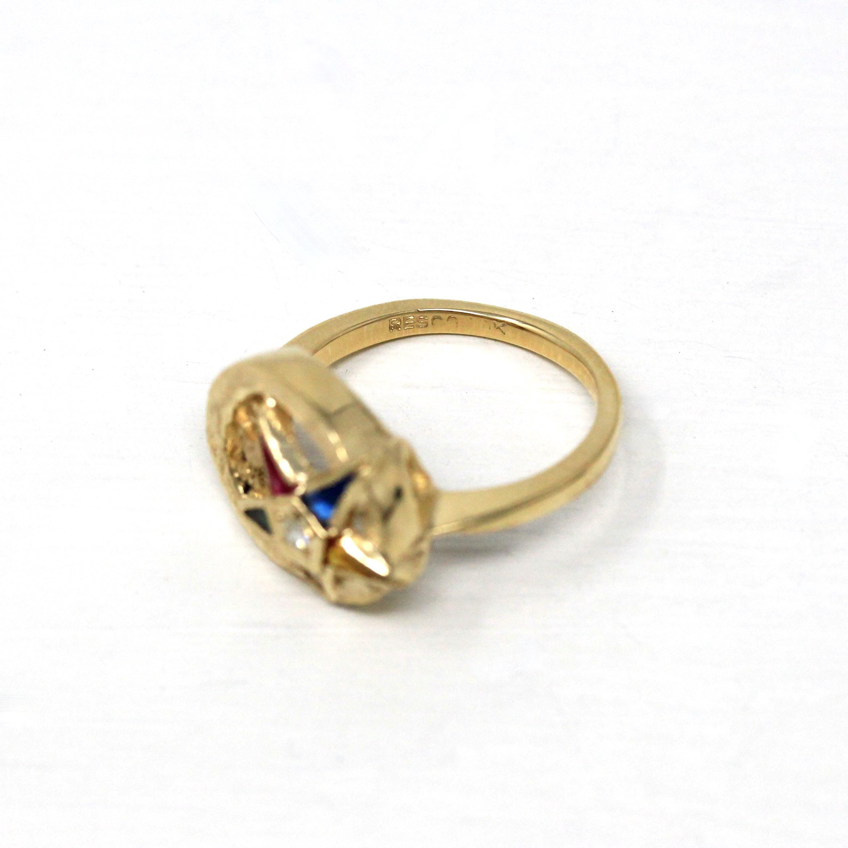 Vintage OES Ring - Retro 10k Yellow Gold Genuine Diamond Created Stone Statement - Circa 1960s Size 5 3/4 Order Of The Eastern Star Jewelry