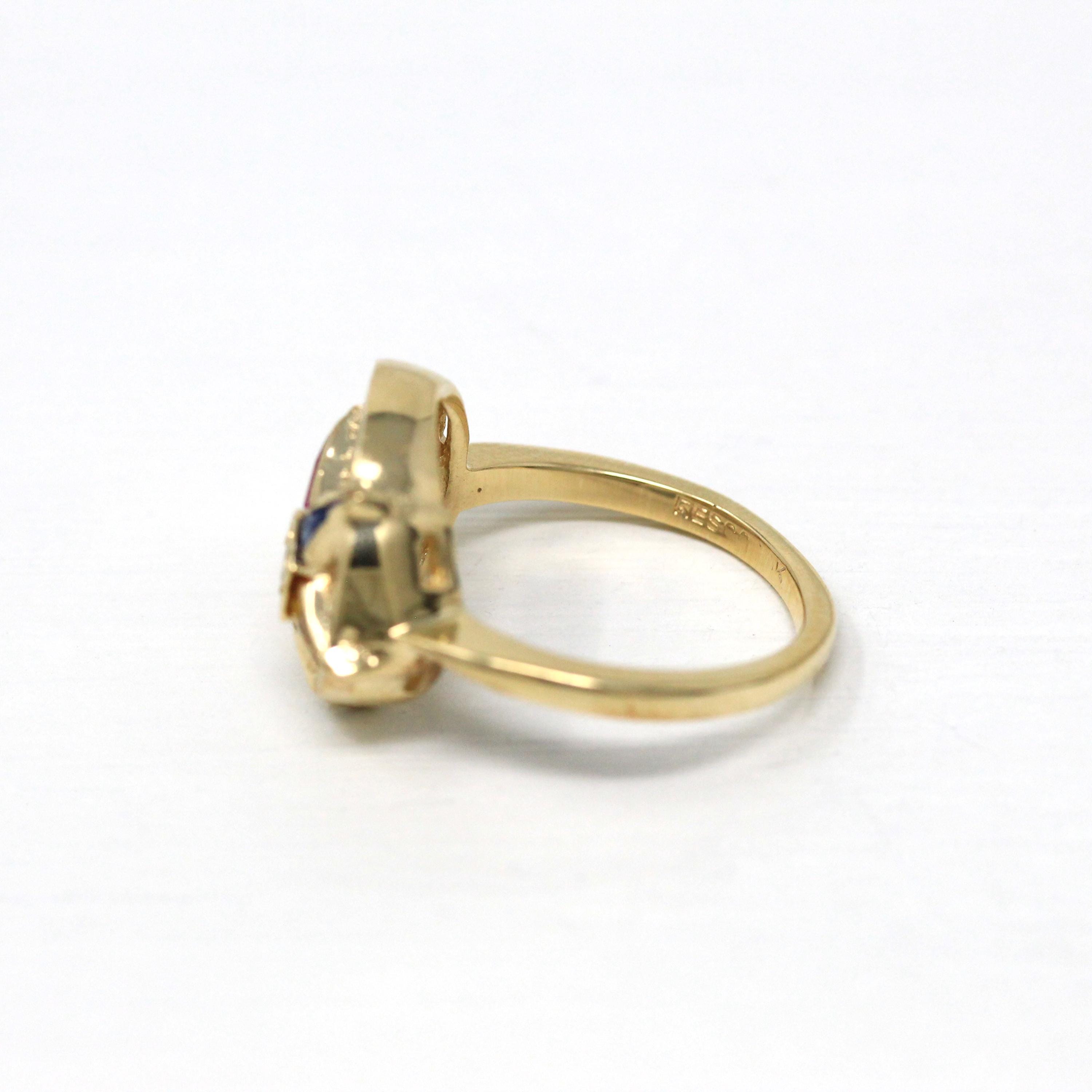 Vintage OES Ring - Retro 10k Yellow Gold Genuine Diamond Created Stone Statement - Circa 1960s Size 5 3/4 Order Of The Eastern Star Jewelry