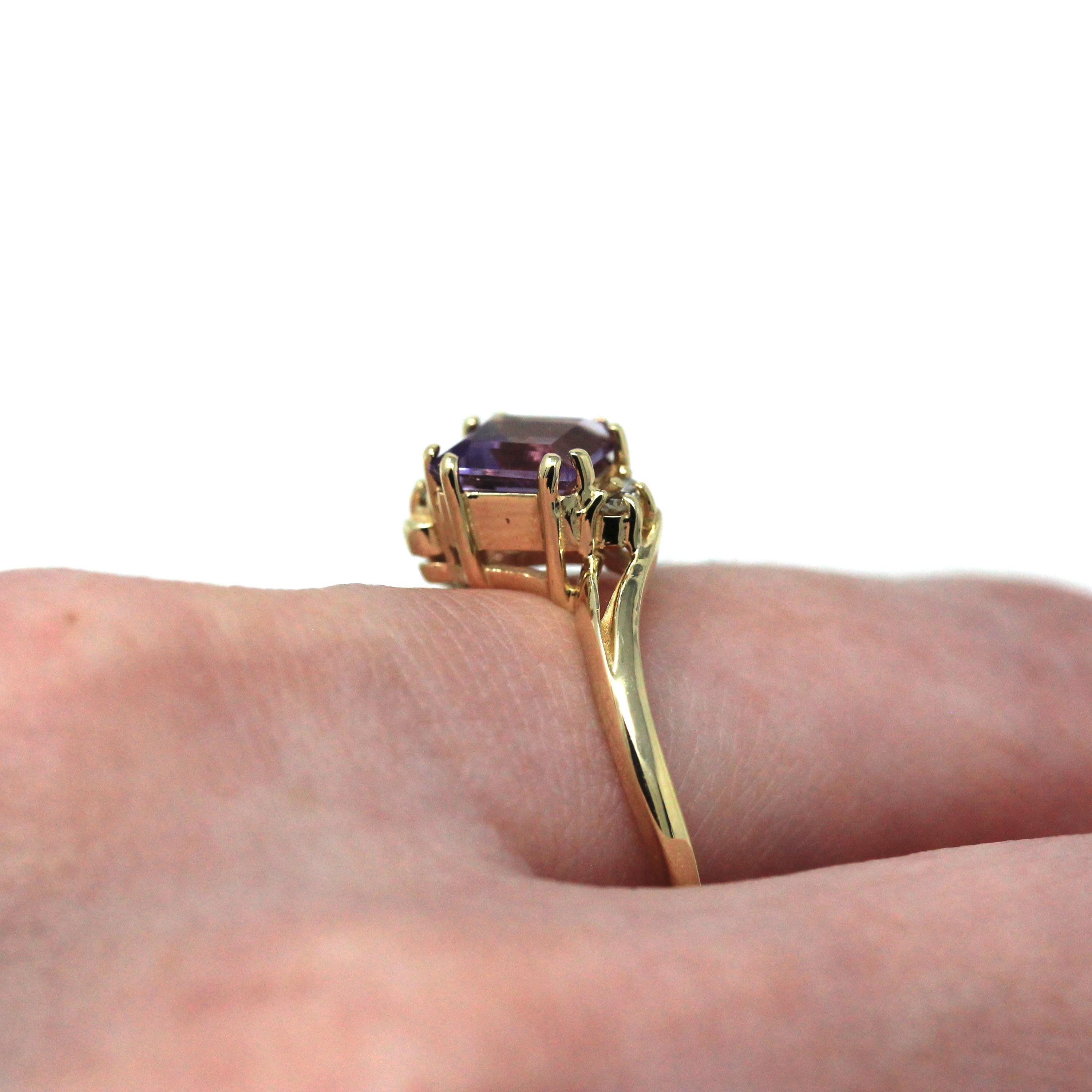 Genuine Amethyst Ring - Estate 10k Yellow Gold Square Faceted Purple Gemstone - Modern Circa 2000s Size 12 Diamond Bypass Fine Jewelry