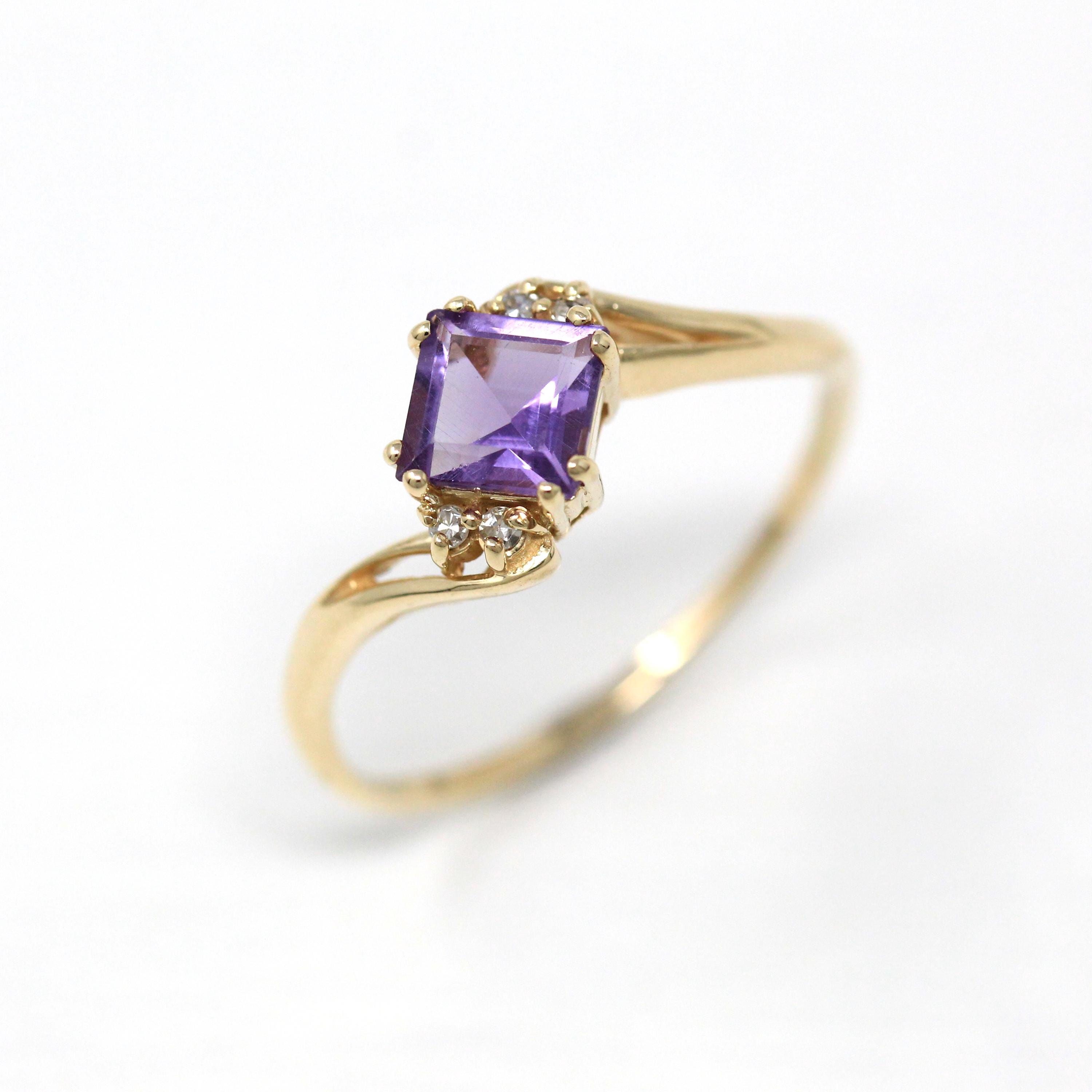 Genuine Amethyst Ring - Estate 10k Yellow Gold Square Faceted Purple Gemstone - Modern Circa 2000s Size 12 Diamond Bypass Fine Jewelry