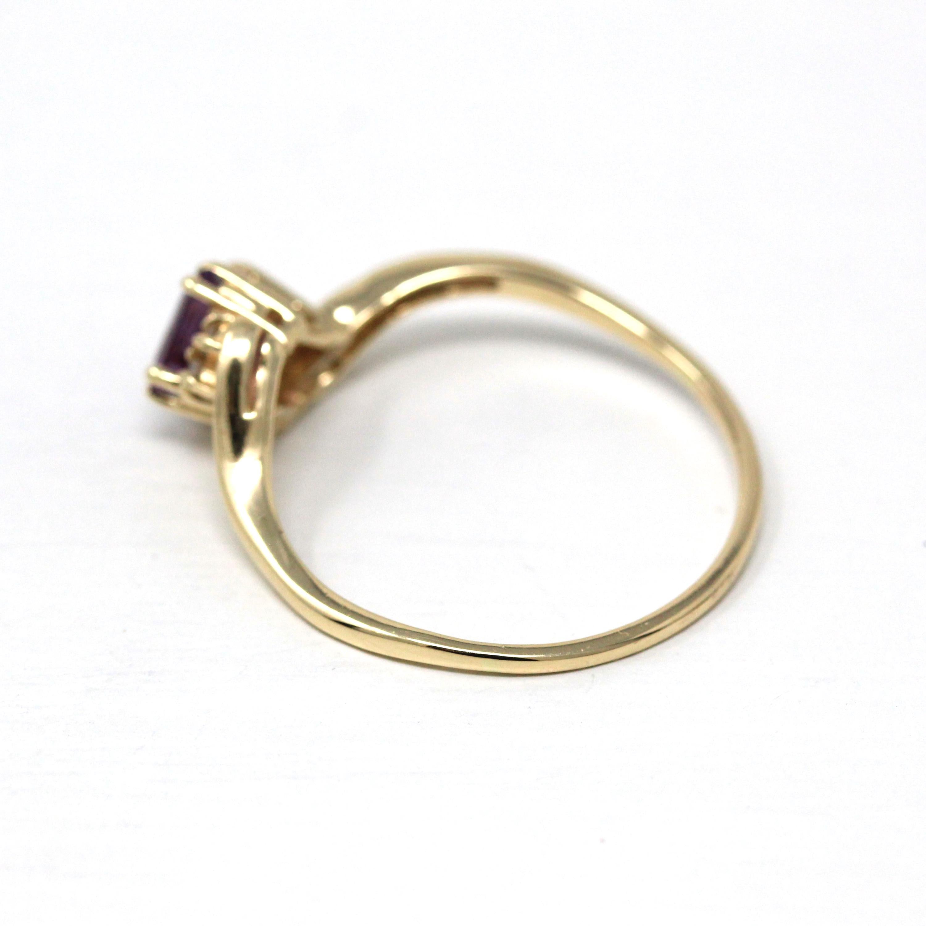 Genuine Amethyst Ring - Estate 10k Yellow Gold Square Faceted Purple Gemstone - Modern Circa 2000s Size 12 Diamond Bypass Fine Jewelry