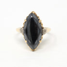 Vintage Hematite Ring - Retro 10k Yellow Gold Metallic Gray Marquise Faceted Gemstone - Circa 1940s Size 7 Statement Fine Navette Jewelry