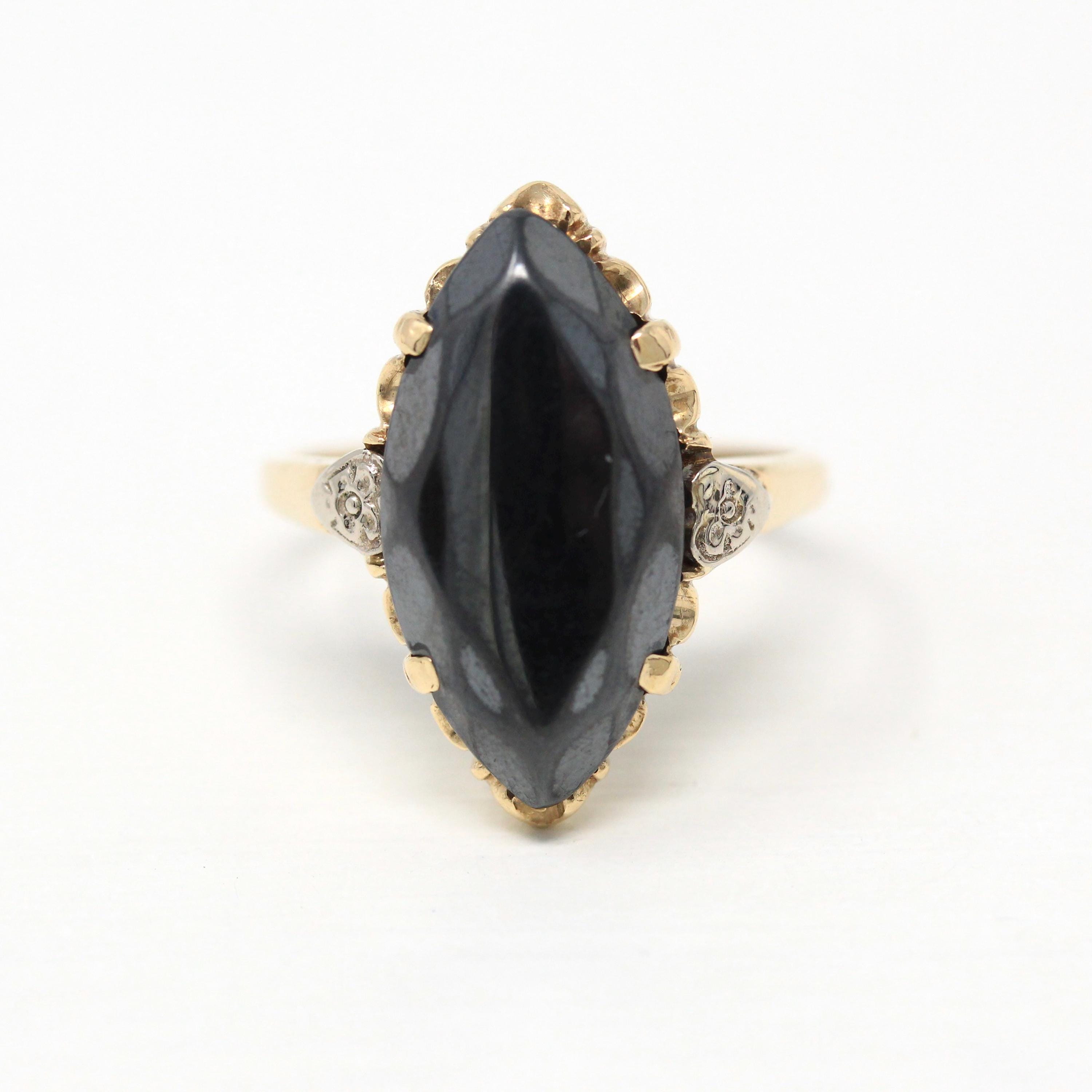 Vintage Hematite Ring - Retro 10k Yellow Gold Metallic Gray Marquise Faceted Gemstone - Circa 1940s Size 7 Statement Fine Navette Jewelry