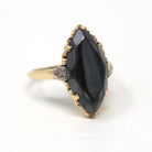 Vintage Hematite Ring - Retro 10k Yellow Gold Metallic Gray Marquise Faceted Gemstone - Circa 1940s Size 7 Statement Fine Navette Jewelry