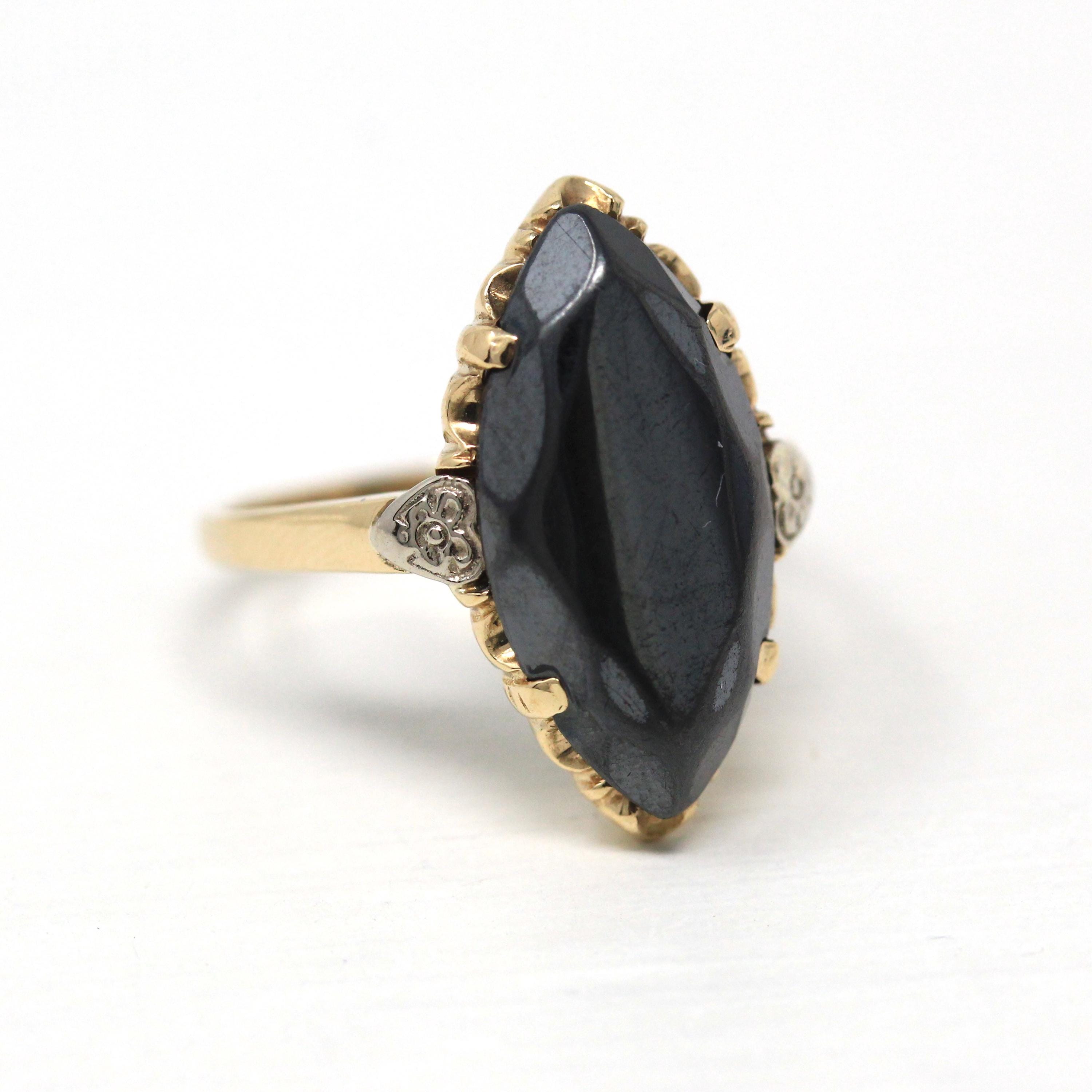 Vintage Hematite Ring - Retro 10k Yellow Gold Metallic Gray Marquise Faceted Gemstone - Circa 1940s Size 7 Statement Fine Navette Jewelry