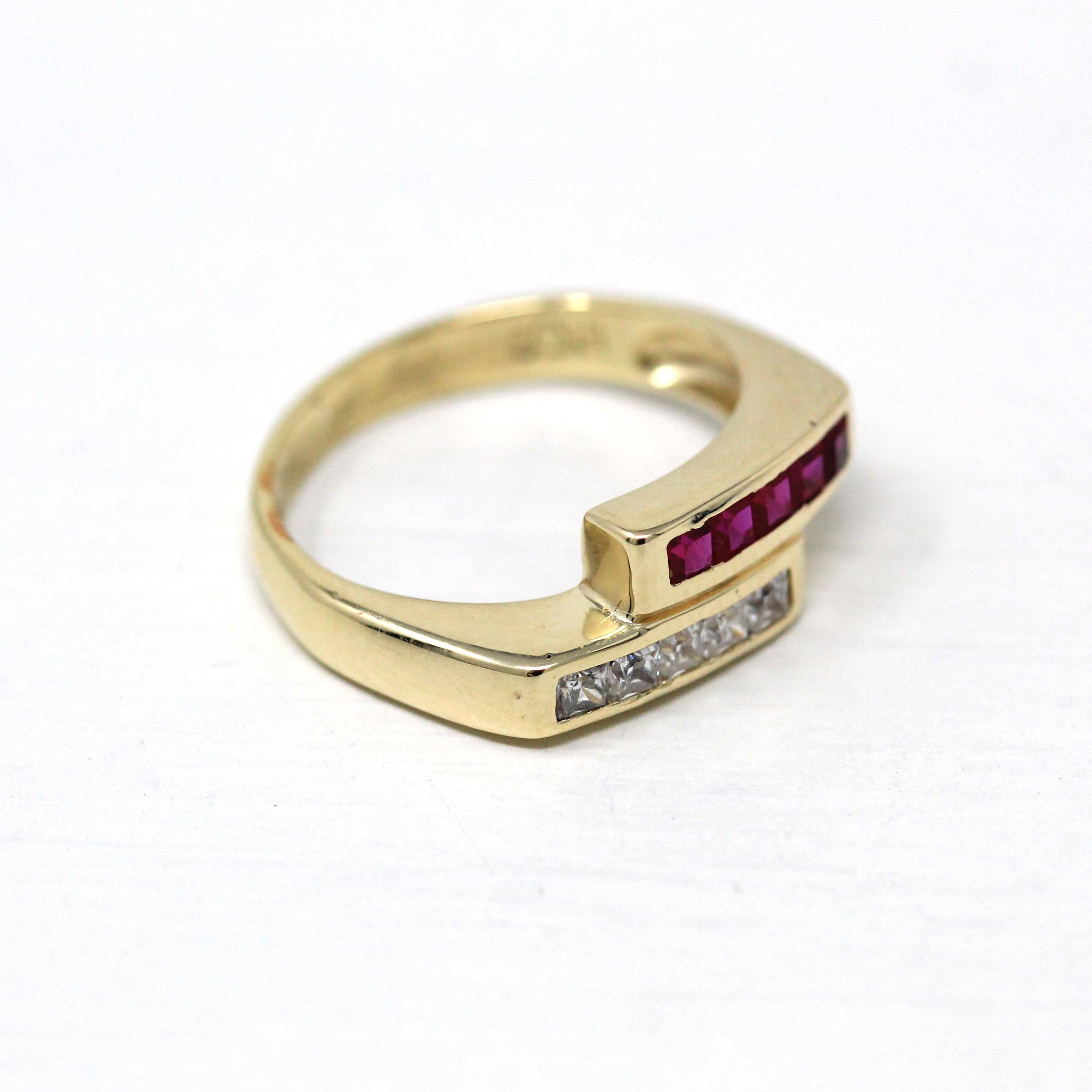 Modern Bypass Ring - Estate 14k Yellow Gold Created Ruby Channel Set - Modern Circa 2000s CZ Cubic Zirconia Gemstone Size 5 1/4 Fine Jewelry