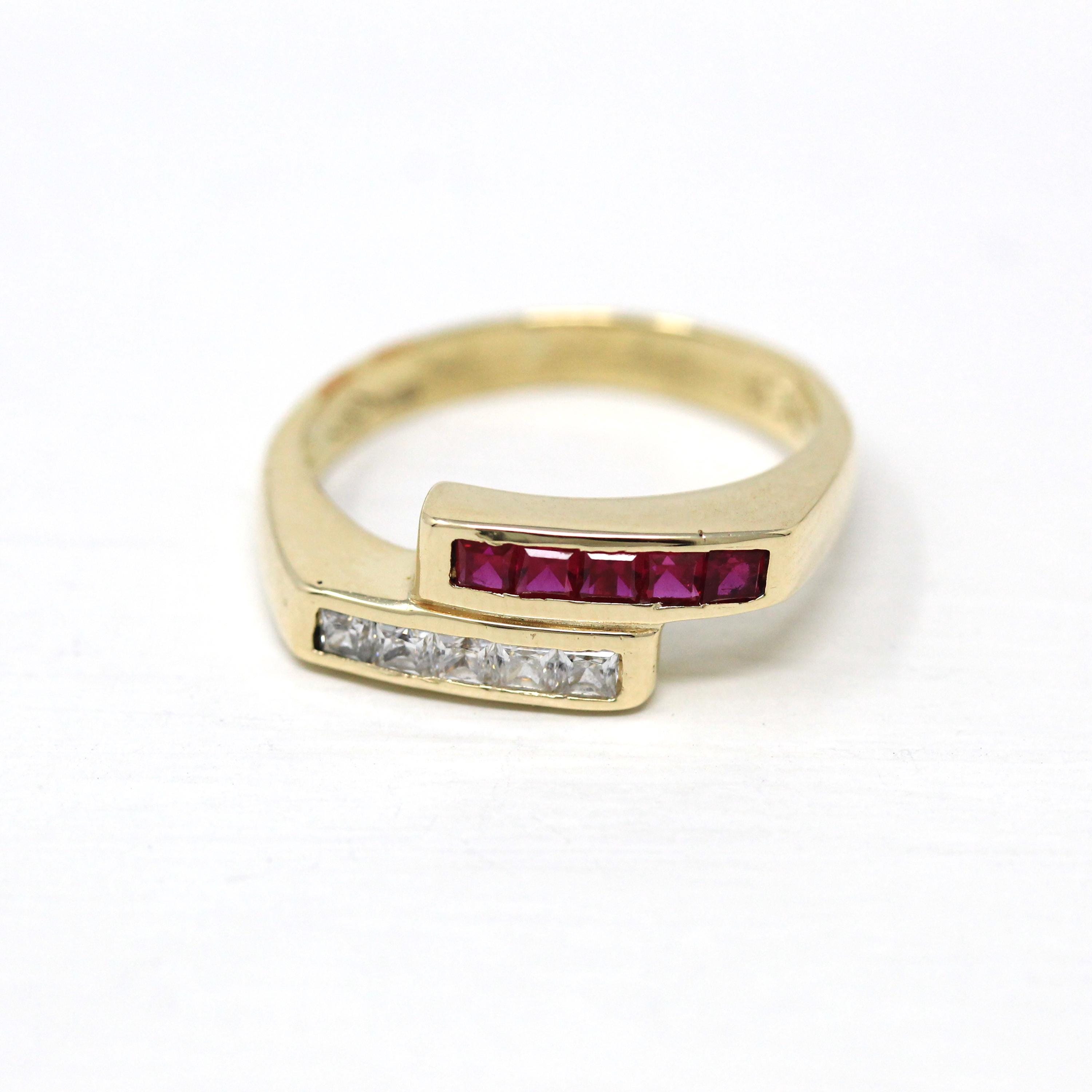 Modern Bypass Ring - Estate 14k Yellow Gold Created Ruby Channel Set - Modern Circa 2000s CZ Cubic Zirconia Gemstone Size 5 1/4 Fine Jewelry