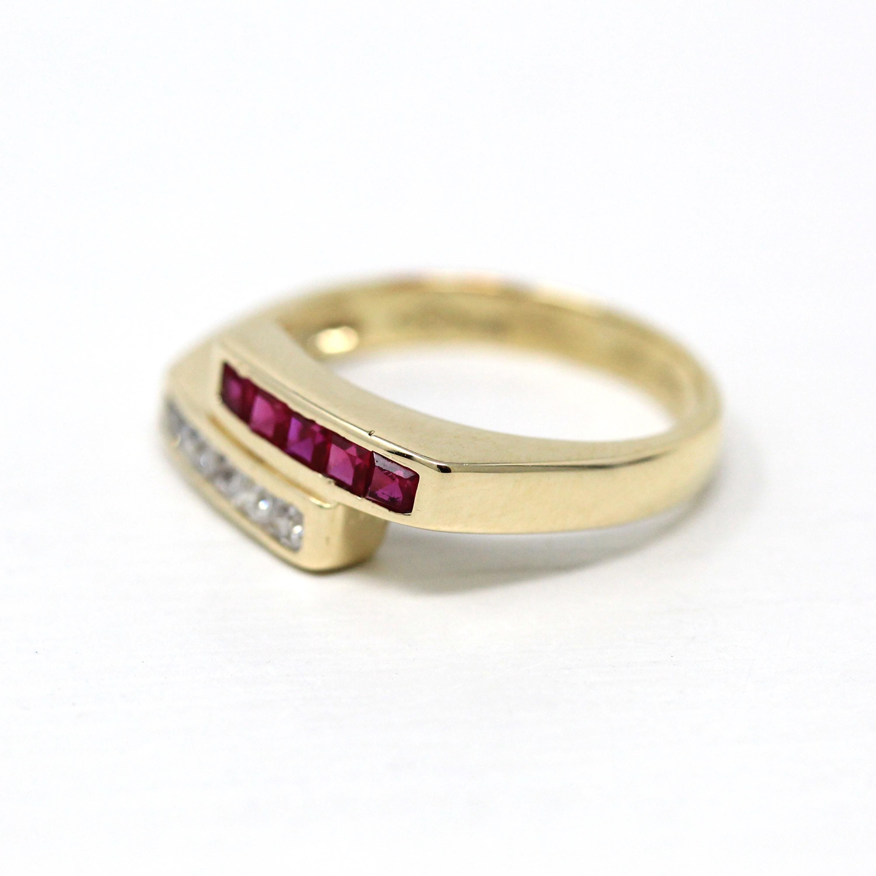 Modern Bypass Ring - Estate 14k Yellow Gold Created Ruby Channel Set - Modern Circa 2000s CZ Cubic Zirconia Gemstone Size 5 1/4 Fine Jewelry