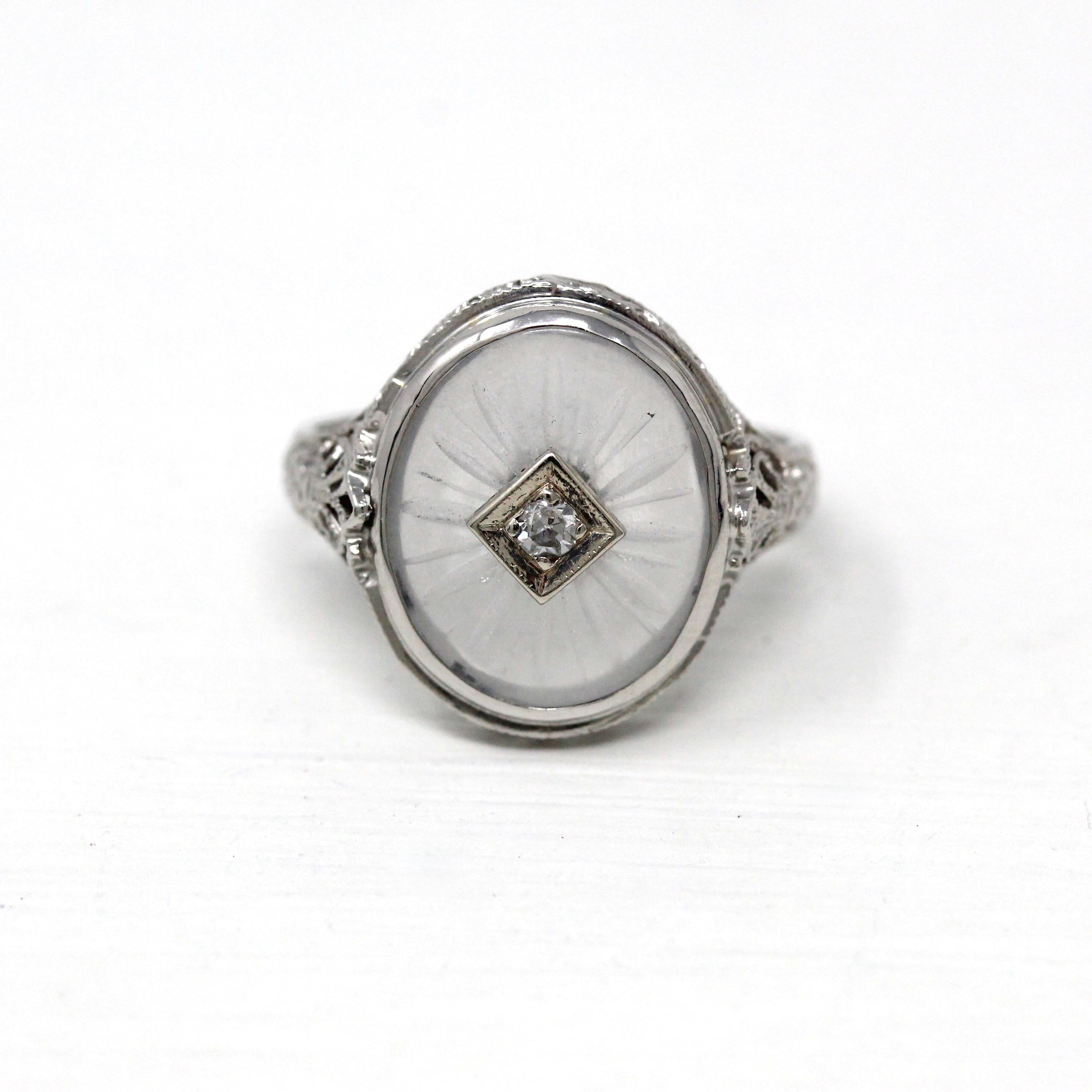 Camphor Glass Ring - Vintage Art Deco 10k White Gold Filigree Diamond Statement - 1930s Size 5 Flower 30s Oval Clear Glass Fine Jewelry