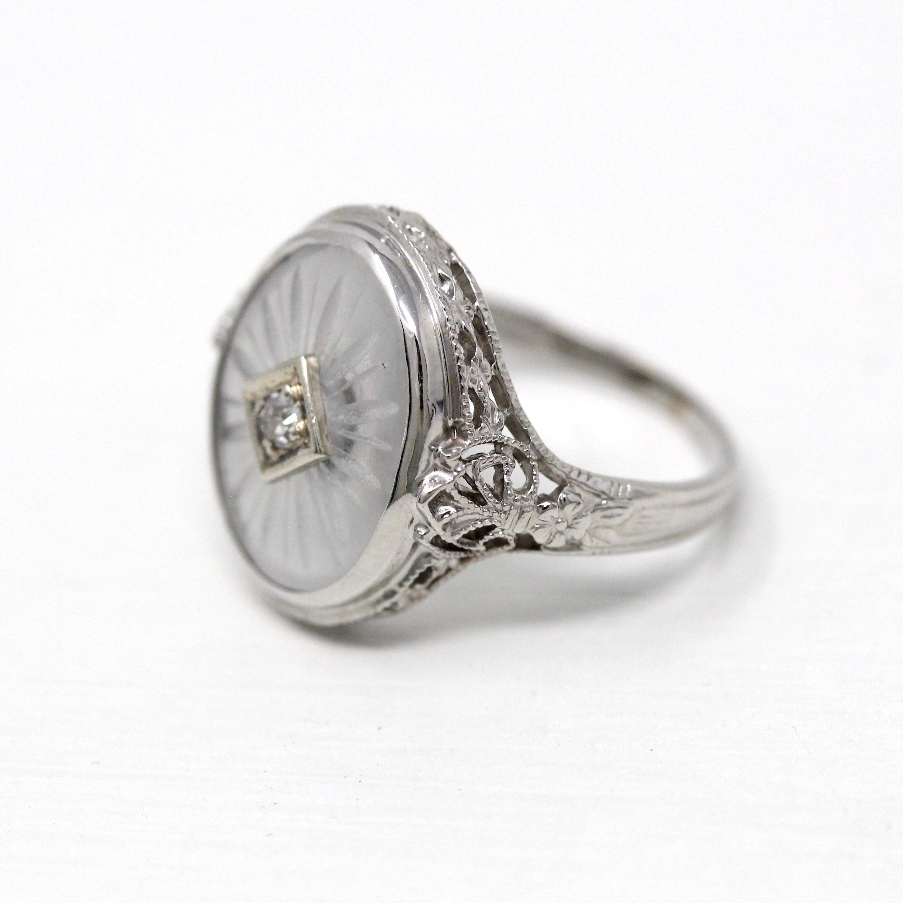 Camphor Glass Ring - Vintage Art Deco 10k White Gold Filigree Diamond Statement - 1930s Size 5 Flower 30s Oval Clear Glass Fine Jewelry