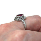 Created Ruby Ring - Vintage Art Deco 10k White Gold Filigree Marquise Cut 1.70 Ct Statement - Circa 1930s Size 4 3/4 July Birthstone Jewelry