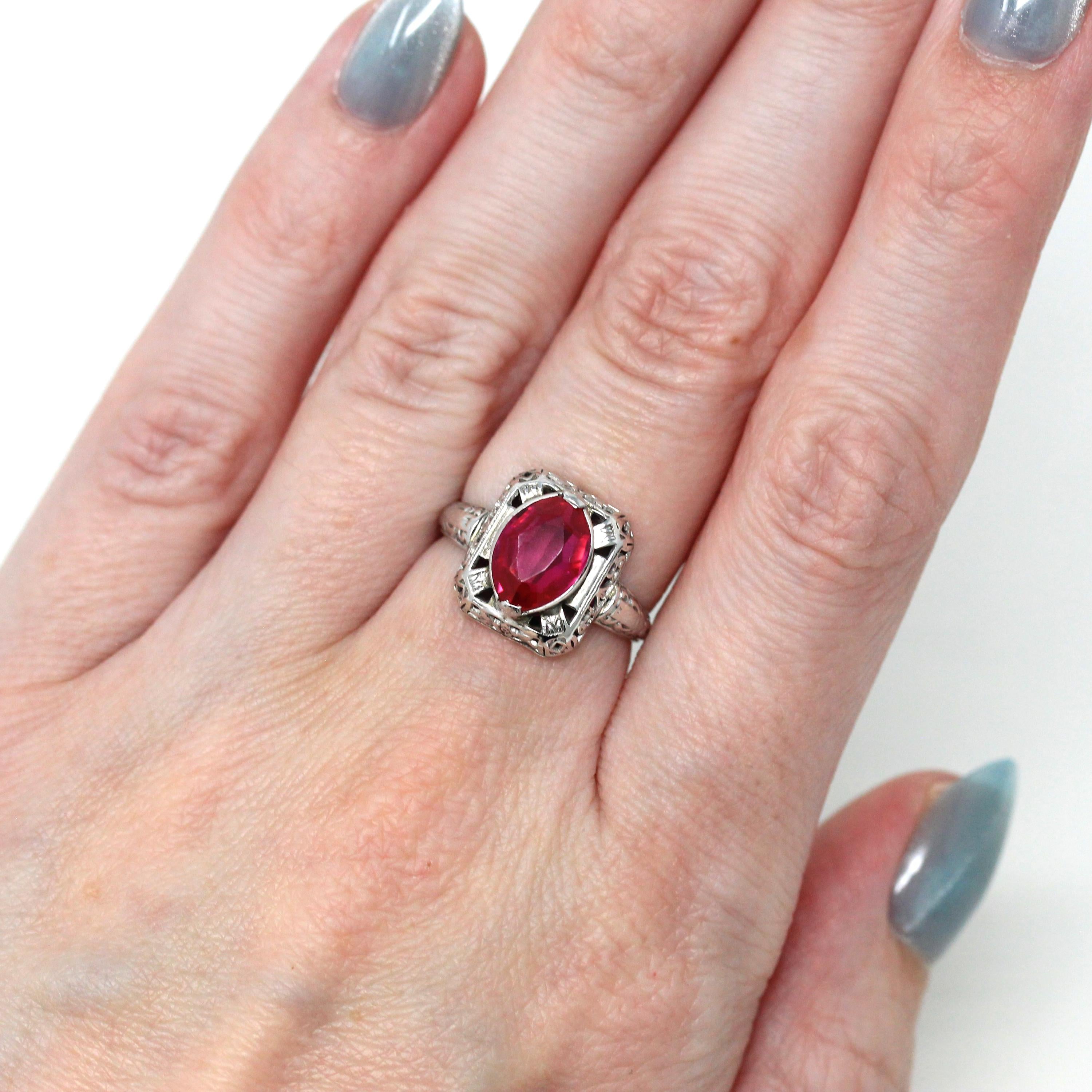 Created Ruby Ring - Vintage Art Deco 10k White Gold Filigree Marquise Cut 1.70 Ct Statement - Circa 1930s Size 4 3/4 July Birthstone Jewelry