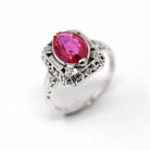 Created Ruby Ring - Vintage Art Deco 10k White Gold Filigree Marquise Cut 1.70 Ct Statement - Circa 1930s Size 4 3/4 July Birthstone Jewelry