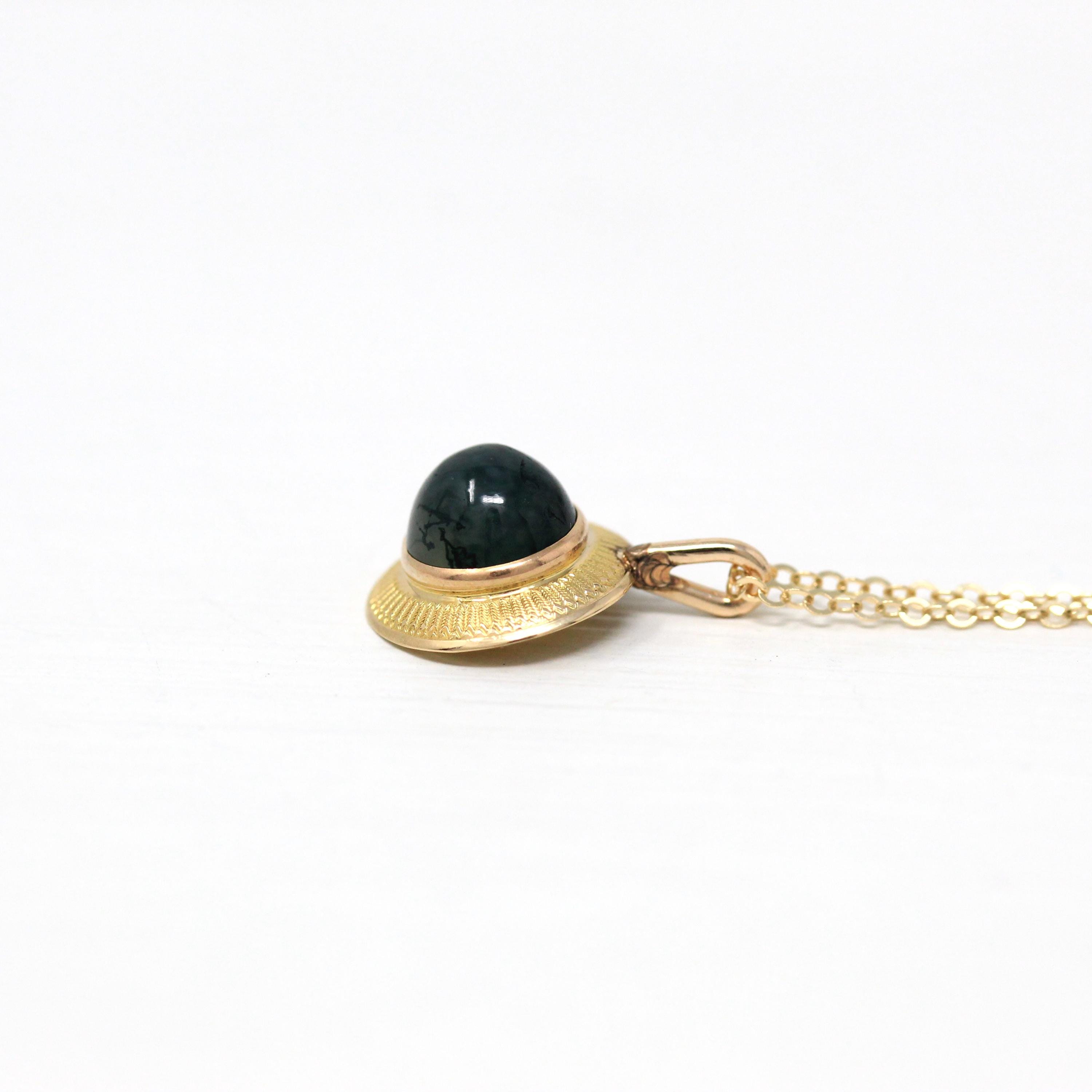 Antique Moss Agate Necklace - Edwardian 14k Yellow Gold Stick Pin Conversion Pendant - Circa 1910s Genuine Round Cabochon Gem Fine Jewelry