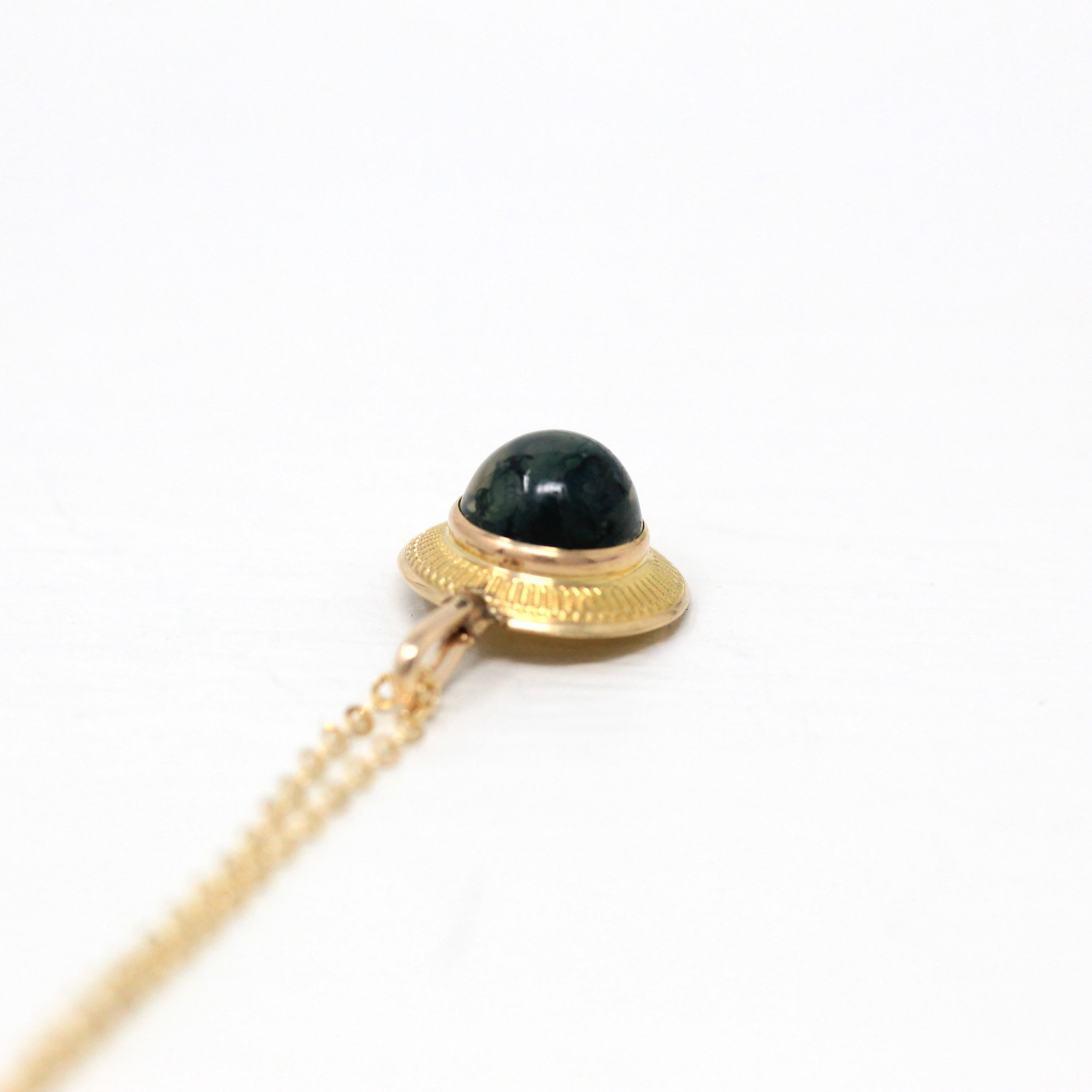 Antique Moss Agate Necklace - Edwardian 14k Yellow Gold Stick Pin Conversion Pendant - Circa 1910s Genuine Round Cabochon Gem Fine Jewelry