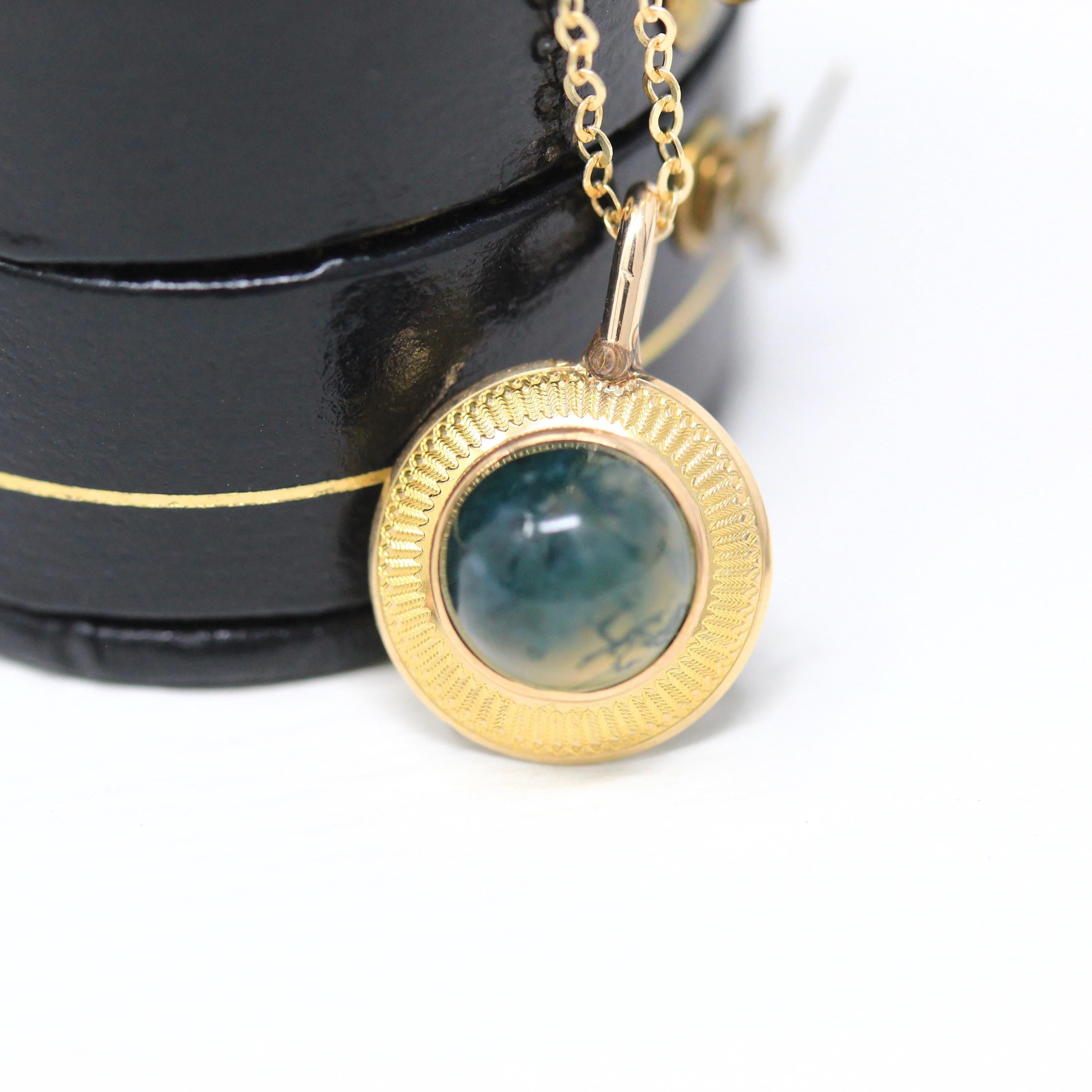 Antique Moss Agate Necklace - Edwardian 14k Yellow Gold Stick Pin Conversion Pendant - Circa 1910s Genuine Round Cabochon Gem Fine Jewelry