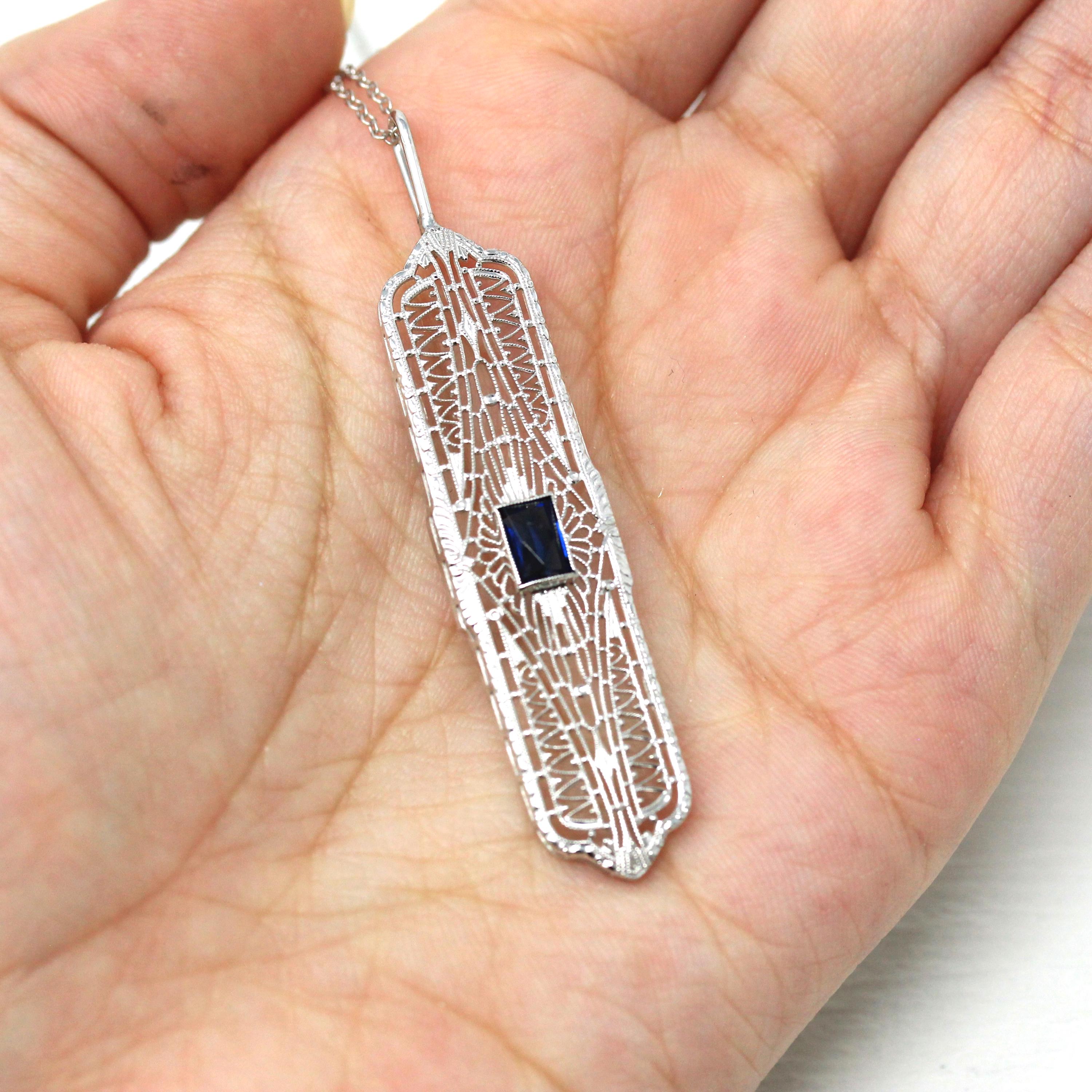 Art Deco Necklace - Vintage 10k White Gold Simulated Sapphire Filigree Conversion Pendant - September Dark Blue Glass 1930s Fine Jewelry