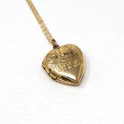 Vintage Heart Locket - Retro 9ct Yellow Gold Keepsake Pendant Necklace - Circa 1960s Era Engraved Designs Photograph Fine English Jewelry