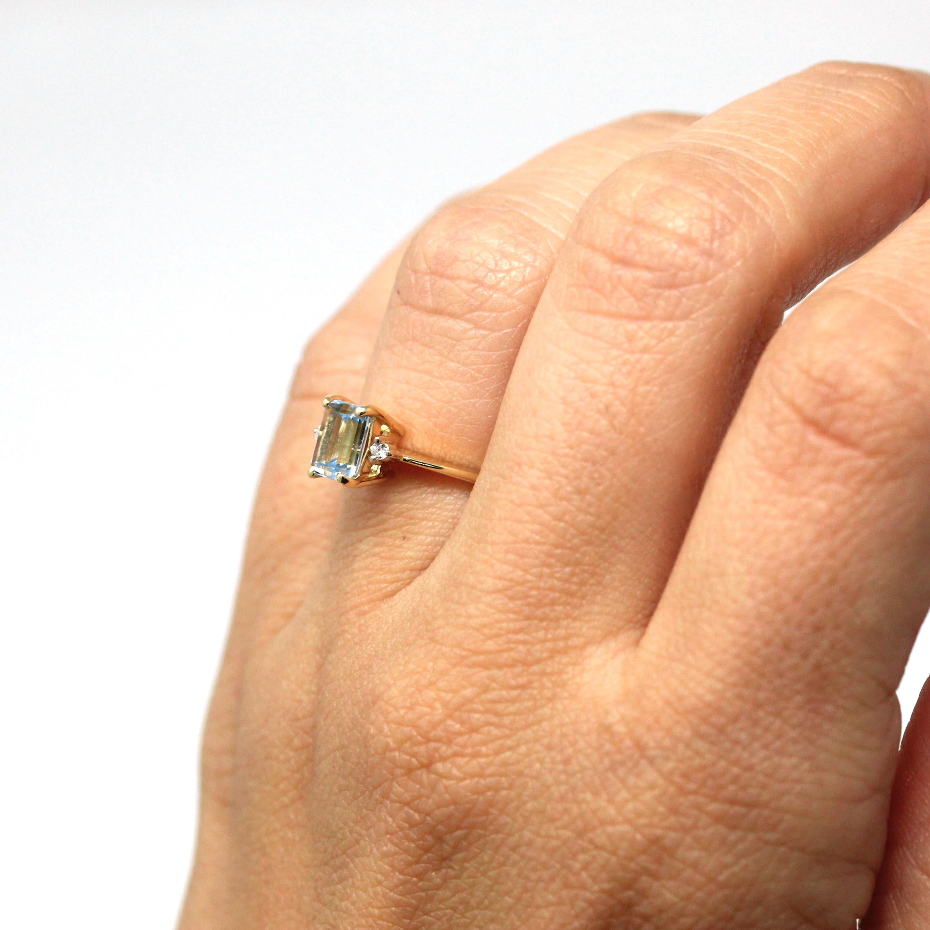 Genuine Aquamarine Ring - Modern 14k Yellow Gold Emerald Cut CT Blue Gem - Estate Circa 2000's Era Size 5 Diamond March Birthstone Jewelry