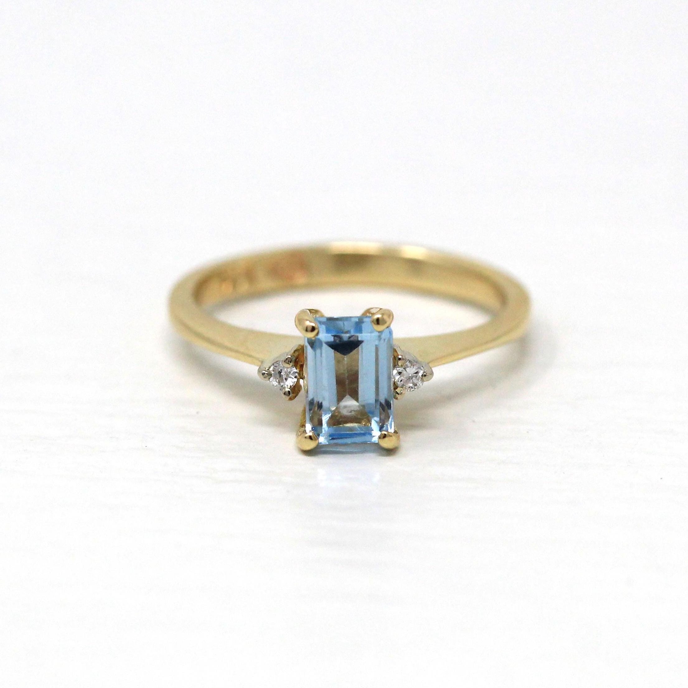 Genuine Aquamarine Ring - Modern 14k Yellow Gold Emerald Cut CT Blue Gem - Estate Circa 2000's Era Size 5 Diamond March Birthstone Jewelry