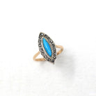 Antique Navette Ring - 9k Rosy Yellow Gold Genuine Turquoise & Rose Cut Diamonds - Vintage Edwardian Size 6 Fine Jewelry