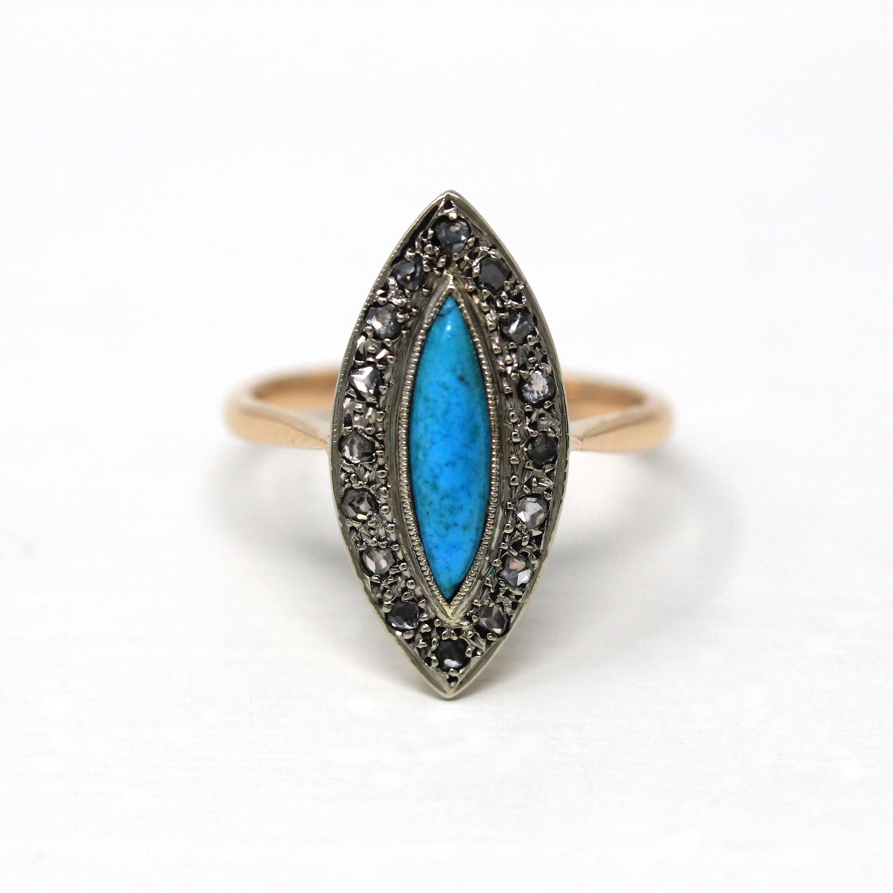 Antique Navette Ring - 9k Rosy Yellow Gold Genuine Turquoise & Rose Cut Diamonds - Vintage Edwardian Size 6 Fine Jewelry