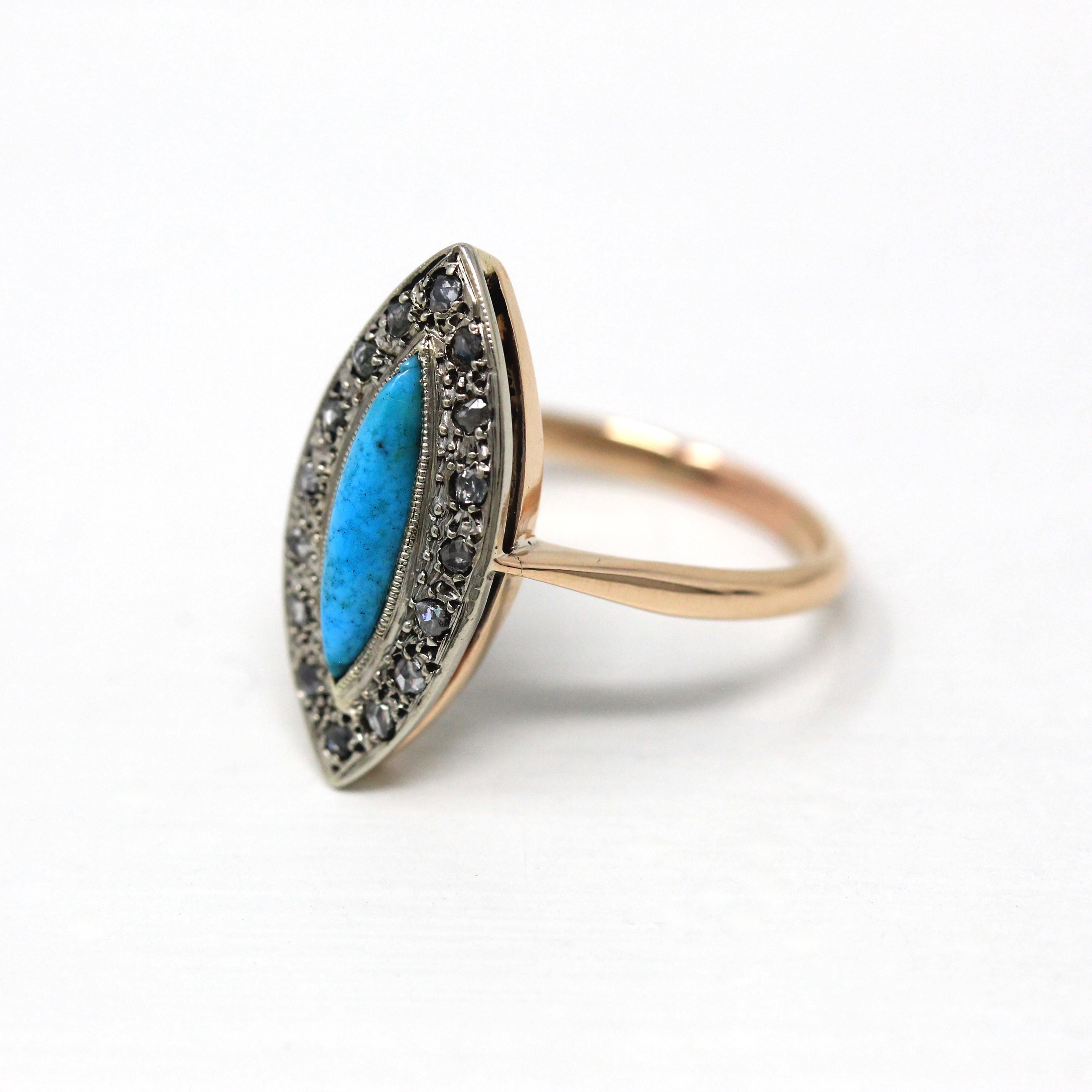 Antique Navette Ring - 9k Rosy Yellow Gold Genuine Turquoise & Rose Cut Diamonds - Vintage Edwardian Size 6 Fine Jewelry