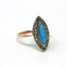 Antique Navette Ring - 9k Rosy Yellow Gold Genuine Turquoise & Rose Cut Diamonds - Vintage Edwardian Size 6 Fine Jewelry