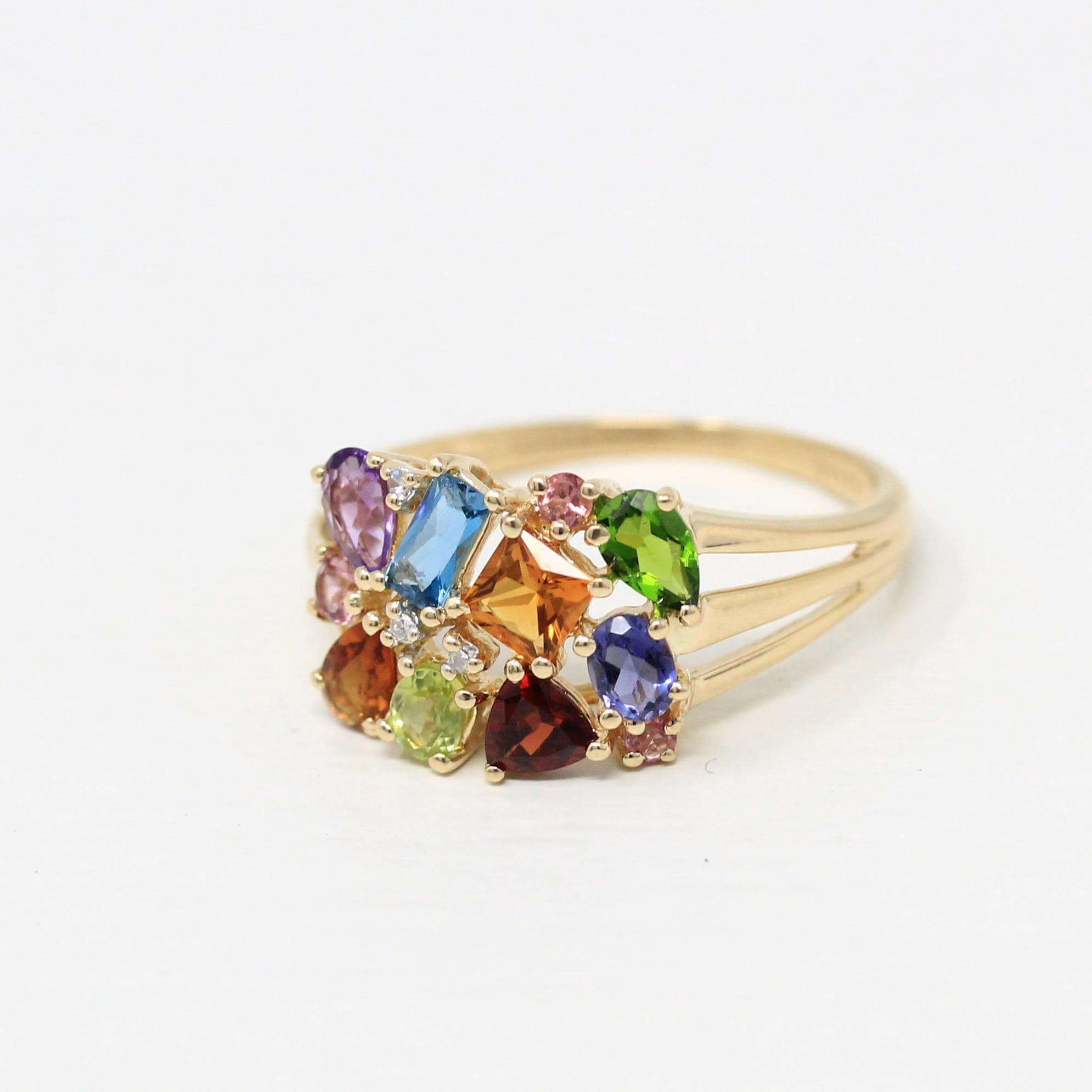 Rainbow Gemstone Ring - Statement Modern 14k Yellow Gold Genuine Multi Color Gem - Estate 2000s Size 9 1/4 Fine Citrine Topaz Garnet Jewelry