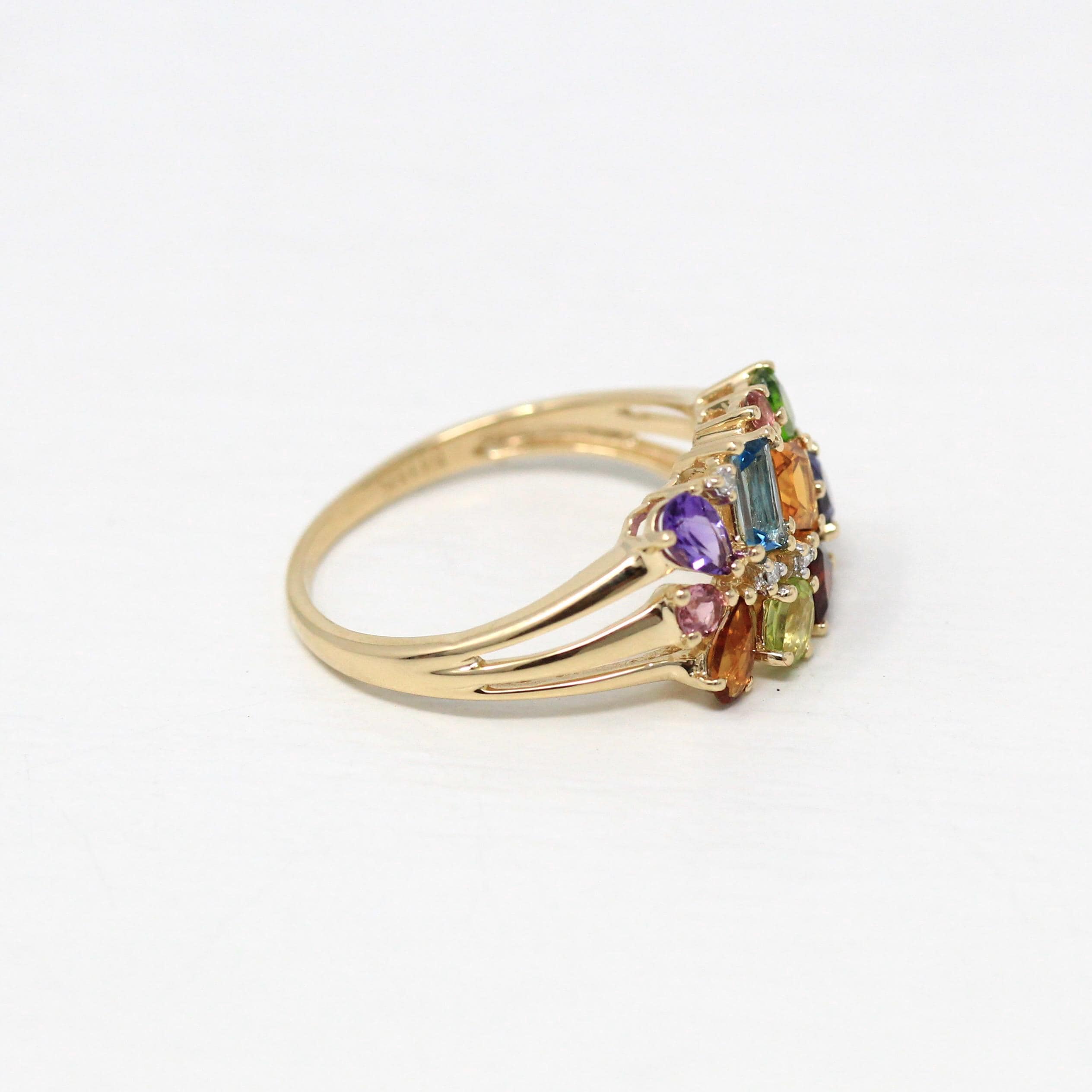 Rainbow Gemstone Ring - Statement Modern 14k Yellow Gold Genuine Multi Color Gem - Estate 2000s Size 9 1/4 Fine Citrine Topaz Garnet Jewelry