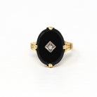 Genuine Onyx Ring - Retro 10k Yellow Gold Black Oval Cut Gemstone - Vintage Circa 1940s Era Size 6 1/2 Diamond Gem Statement Fine Jewelry