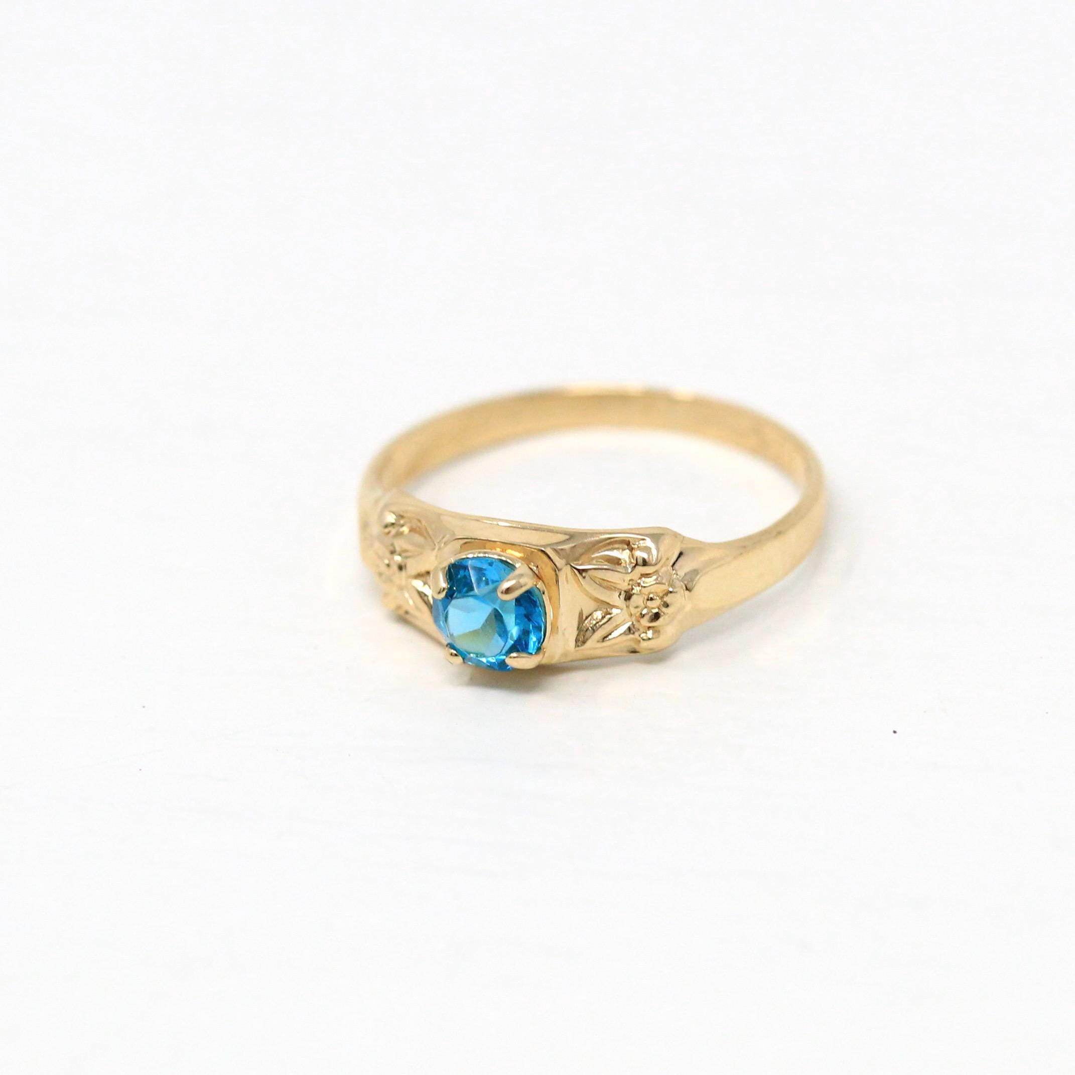 Simulated Aquamarine Ring - Retro 10k Yellow Gold Blue Round Glass Stone - Vintage 1940s Size 2 3/4 Children's Pinky Midi March Fine Jewelry